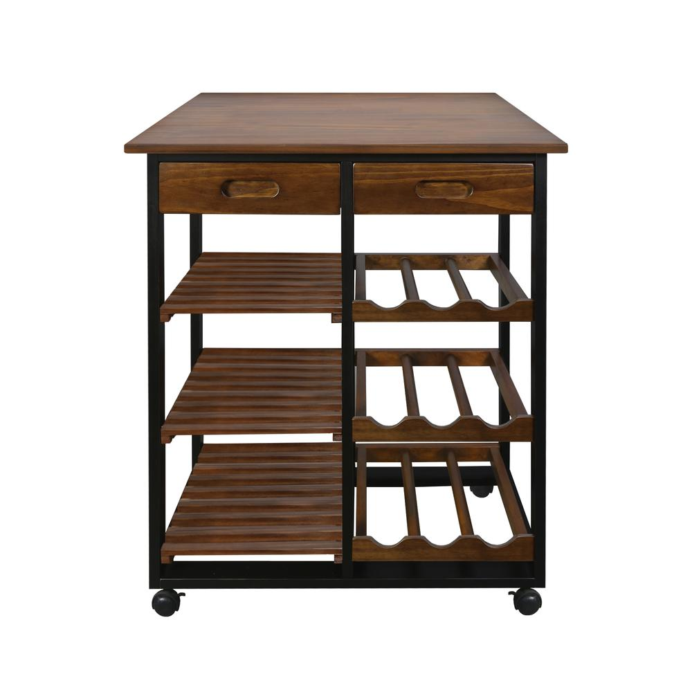 Solid Wood 28" Wide Rolling Kitchen Island Trolley with Wine Rack and Drawer