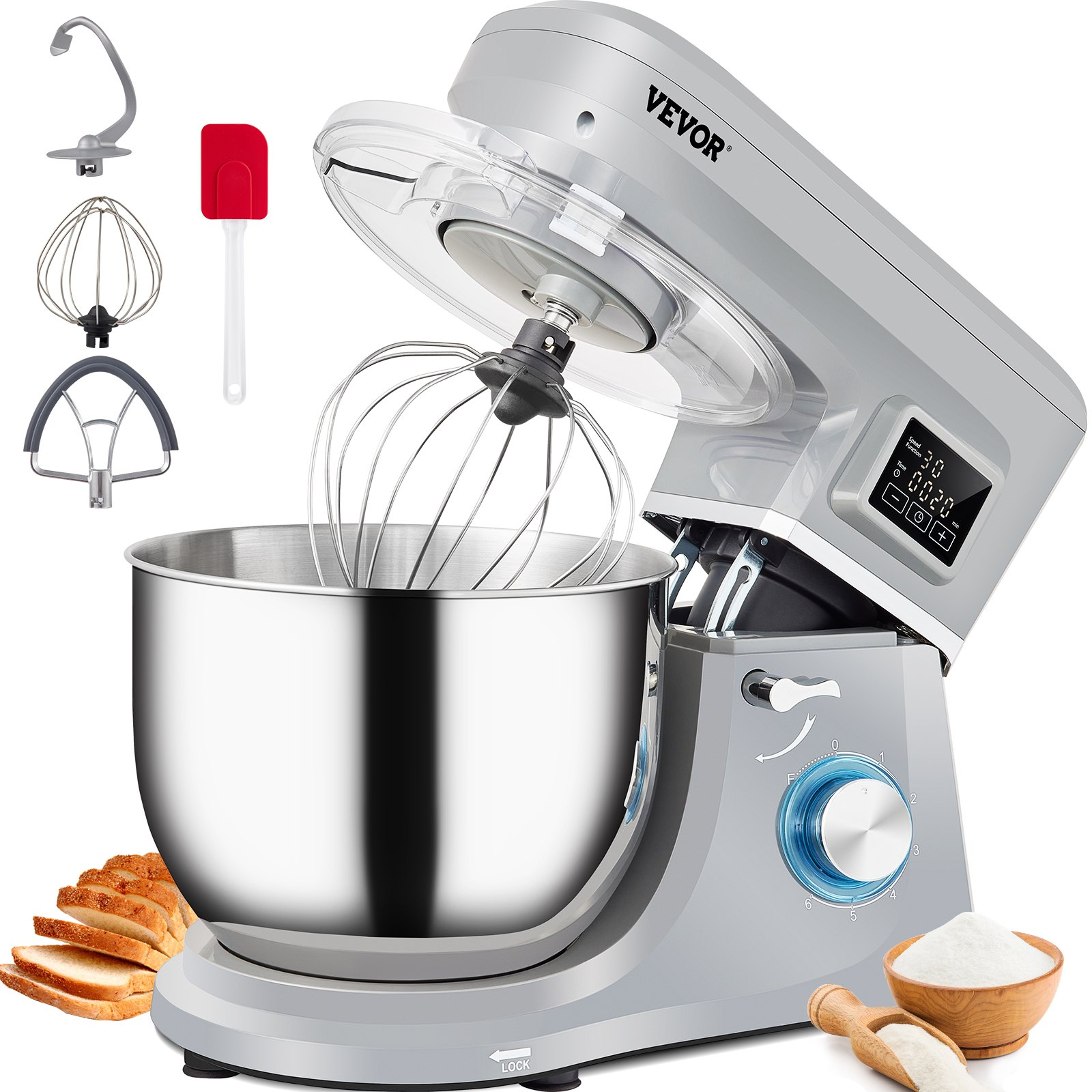 VEVOR Stand Mixer, 660W Electric Dough Mixer with 6 Speeds LCD Screen Timing, Tilt-Head Food Mixer with 7.4 Qt Stainless Steel Bowl, Dough Hook, Flat Beater, Whisk, Scraper, Splash-Proof Cover - Gray