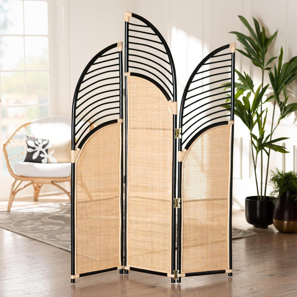 Bohemian Two-Tone Black and Natural Brown Rattan Room Divider