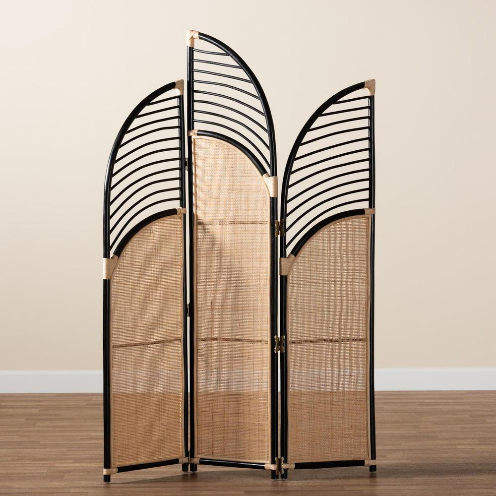 Bohemian Two-Tone Black and Natural Brown Rattan Room Divider