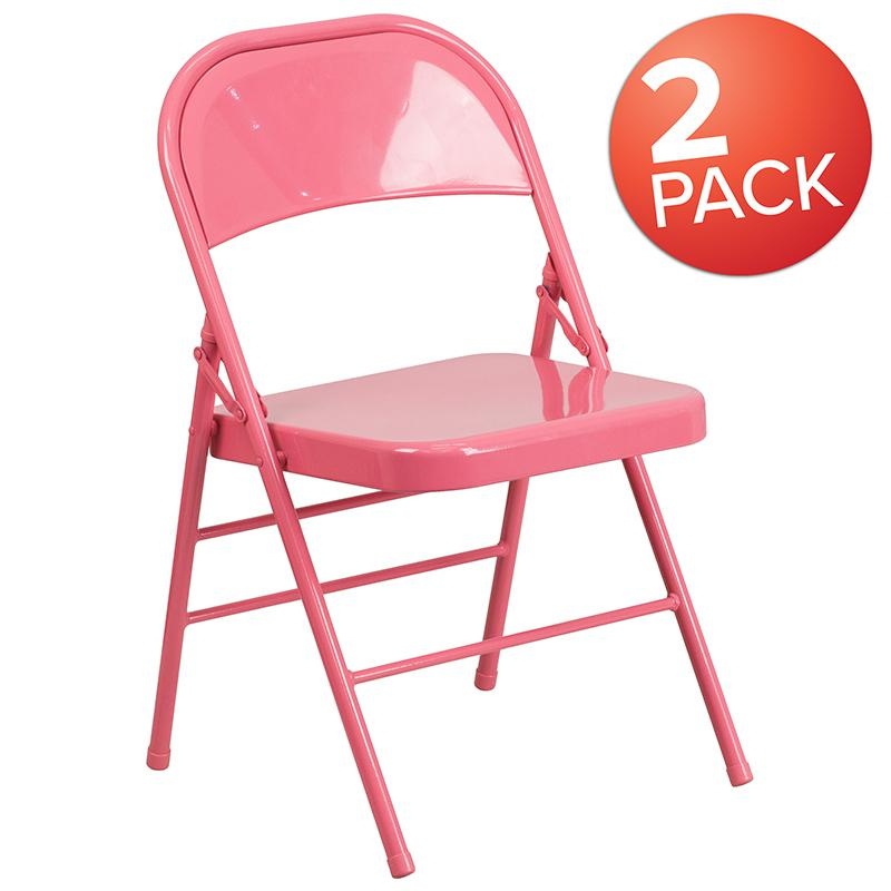 2 Pack Bubblegum Pink Triple Braced & Double Hinged Metal Folding Chair