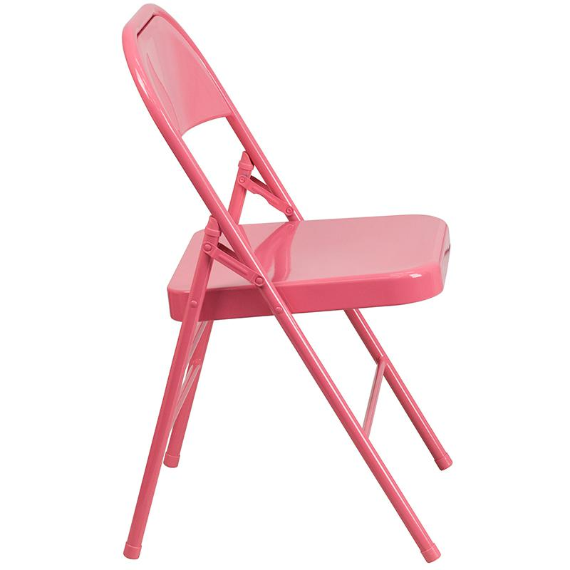 2 Pack Bubblegum Pink Triple Braced & Double Hinged Metal Folding Chair