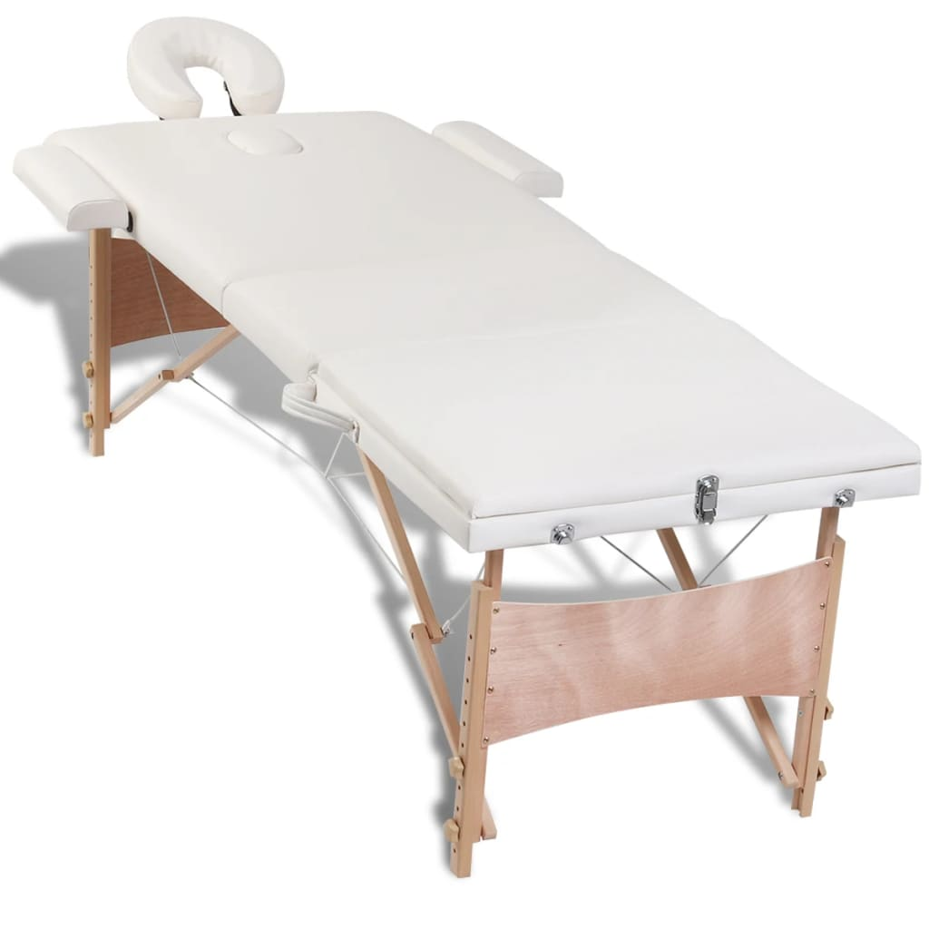 vidaXL Cream White Foldable Massage Table 3 Zones with Wooden Frame