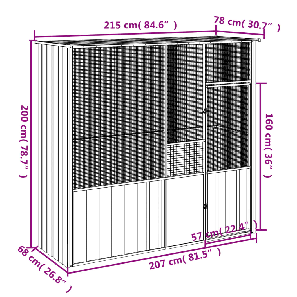 vidaXL Bird Cage Gray 84.6"x30.7"x78.7" Galvanized Steel