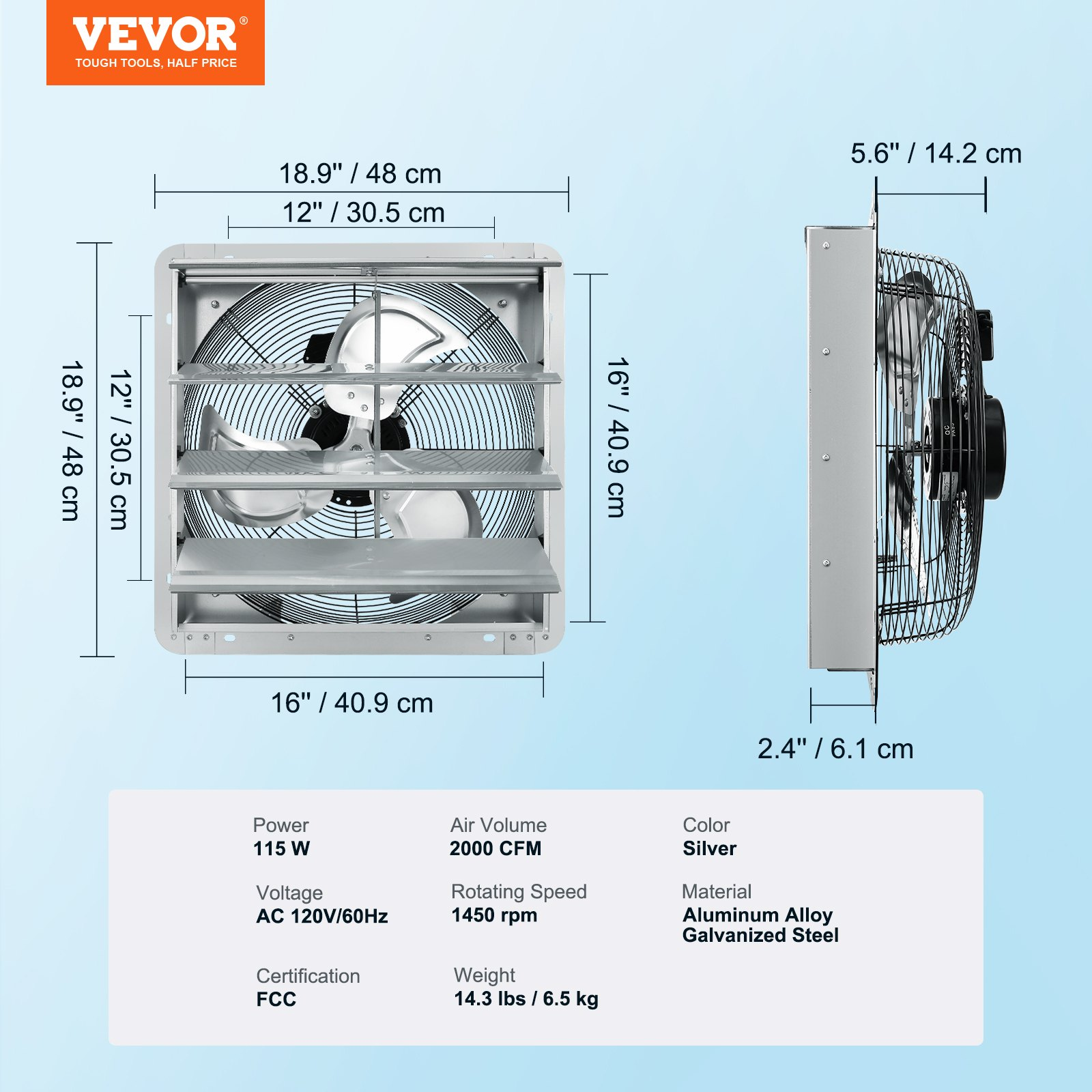 VEVOR 16'' Shutter Exhaust Fan, High-speed 2000 CFM, Aluminum Wall Mount Attic Fan with AC-motor, Ventilation and Cooling for Greenhouses, Garages, Sheds, Shops, FCC