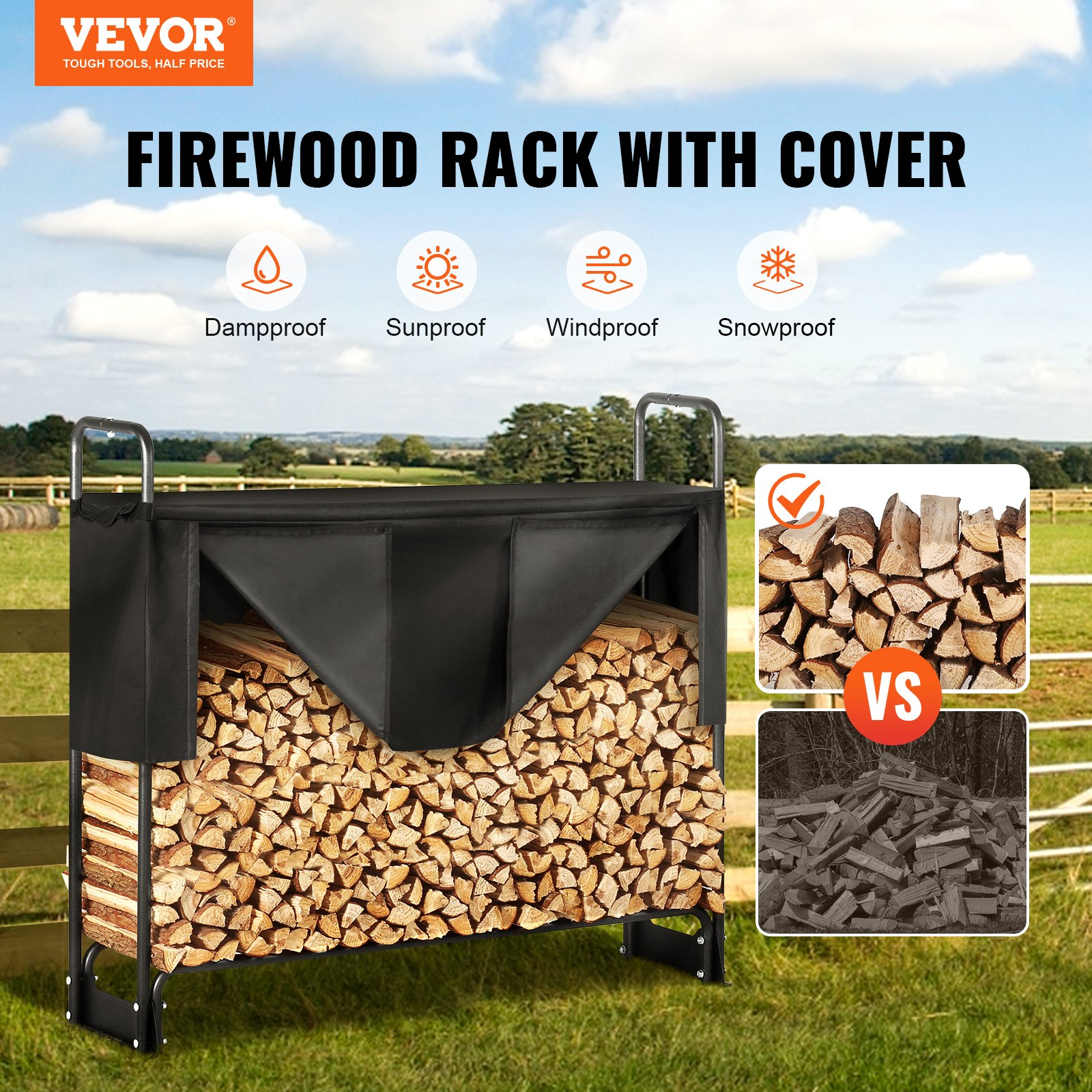 VEVOR 4.3FT Outdoor Firewood Rack with Cover, 52x14.2x46.1 in, Heavy Duty Firewood Holder & 600D Oxford Waterproof Cover for Fireplace, Patio, Indoor/Outdoor Log Storage Rack for 1/4 Cord of Firewood