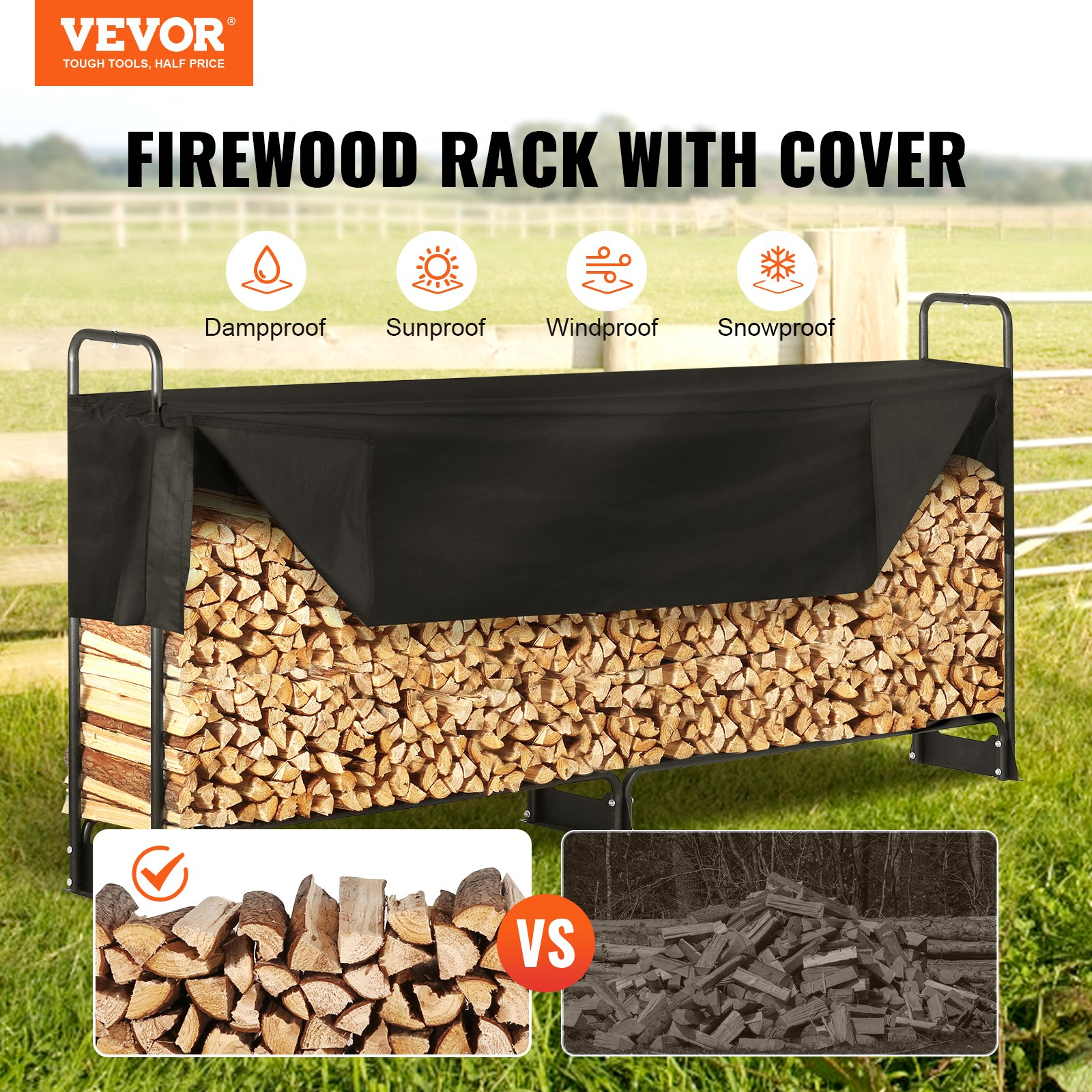 VEVOR 8.5FT Outdoor Firewood Rack with Cover, 102x14.2x46.1 in, Heavy Duty Firewood Holder & 600D Oxford Waterproof Cover for Fireplace, Patio, Indoor/Outdoor Log Storage Rack for 1/2 Cord of Firewood