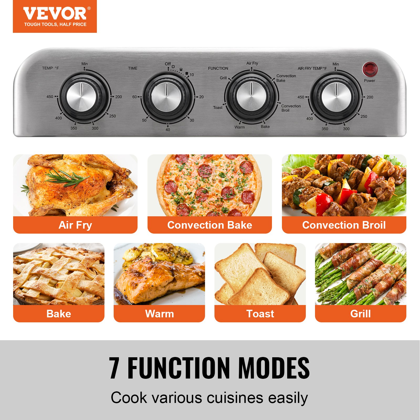 VEVOR 7-IN-1 Air Fryer Toaster Oven, 18L Convection Oven, 1700W Stainless Steel Toaster Ovens Countertop Combo with Grill, Pizza Pan, Gloves, 6 Slices Toast, 10-inch Pizza, Home and Commercial Use