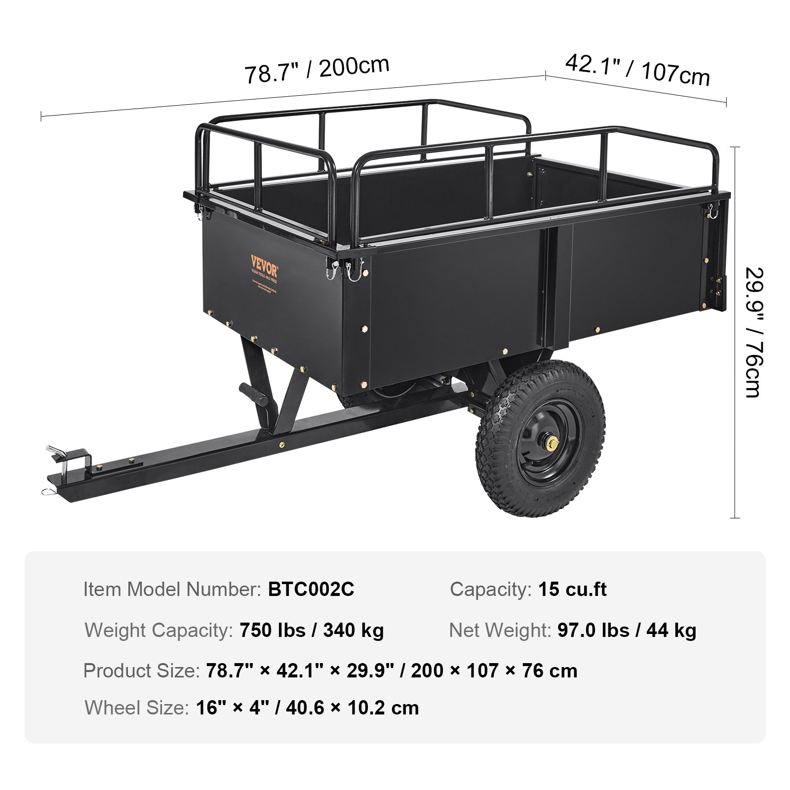 VEVOR Heavy Duty ATV Trailer Steel Dump Cart, 750-Pound 15 Cubic Feet, Garden Utility Trailer with Removable Sides for Riding Lawn Mower Tractor