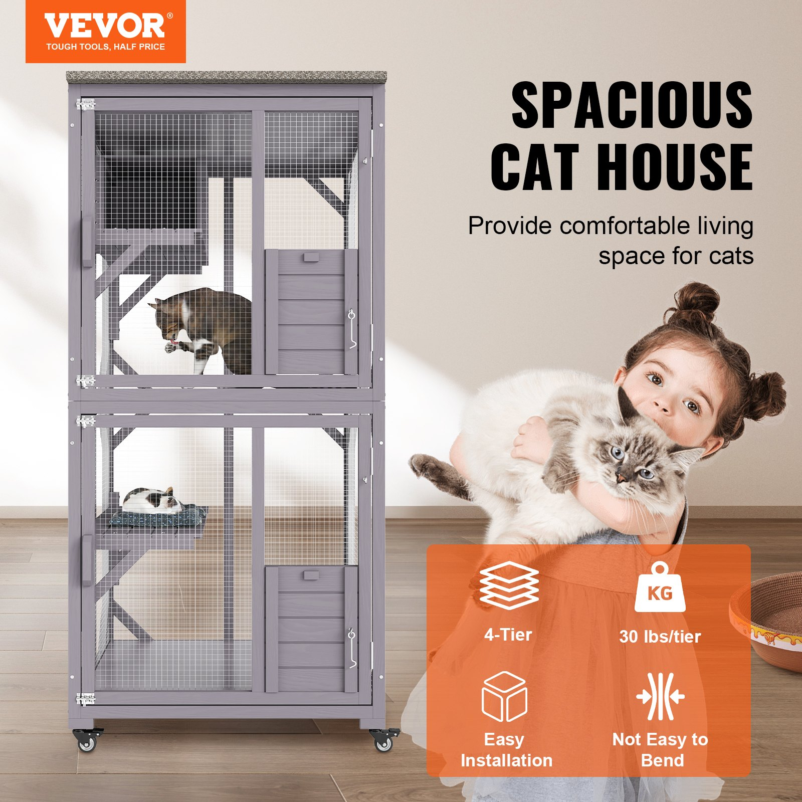 VEVOR Cat House Outdoor, 3-Tier Large Catio, Cat Enclosure with 360° Rotating Casters, 2 Platforms, A Resting Box and Large Front Door, 29.9 x 34 x 64.1 inch