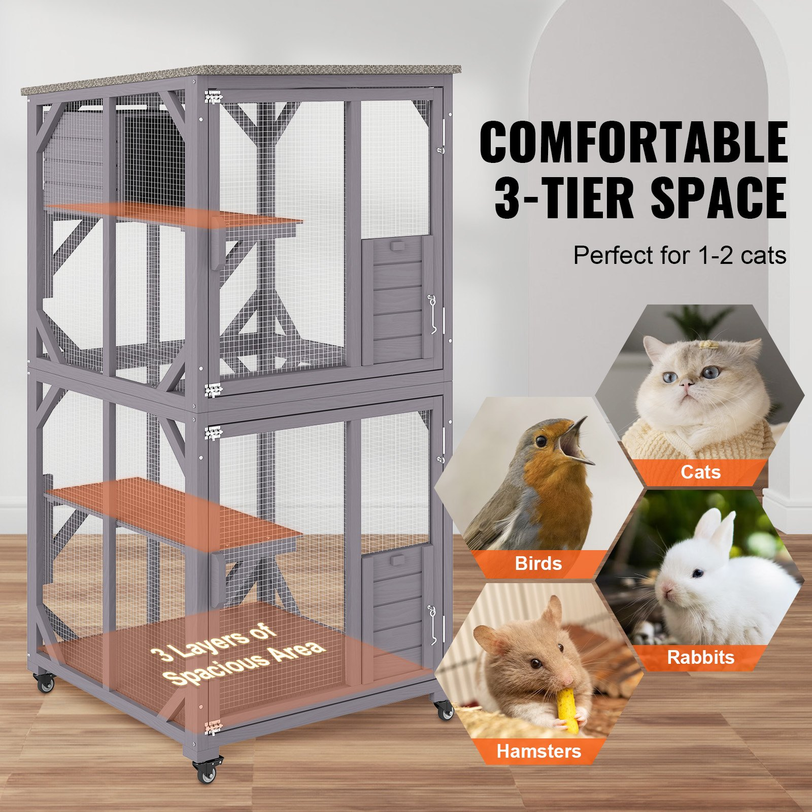 VEVOR Cat House Outdoor, 3-Tier Large Catio, Cat Enclosure with 360° Rotating Casters, 2 Platforms, A Resting Box and Large Front Door, 29.9 x 34 x 64.1 inch