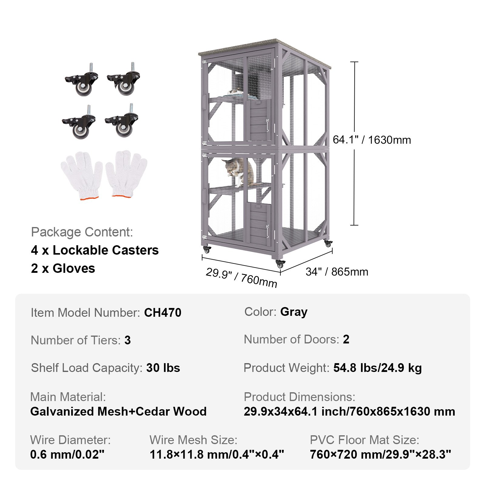 VEVOR Cat House Outdoor, 3-Tier Large Catio, Cat Enclosure with 360° Rotating Casters, 2 Platforms, A Resting Box and Large Front Door, 29.9 x 34 x 64.1 inch