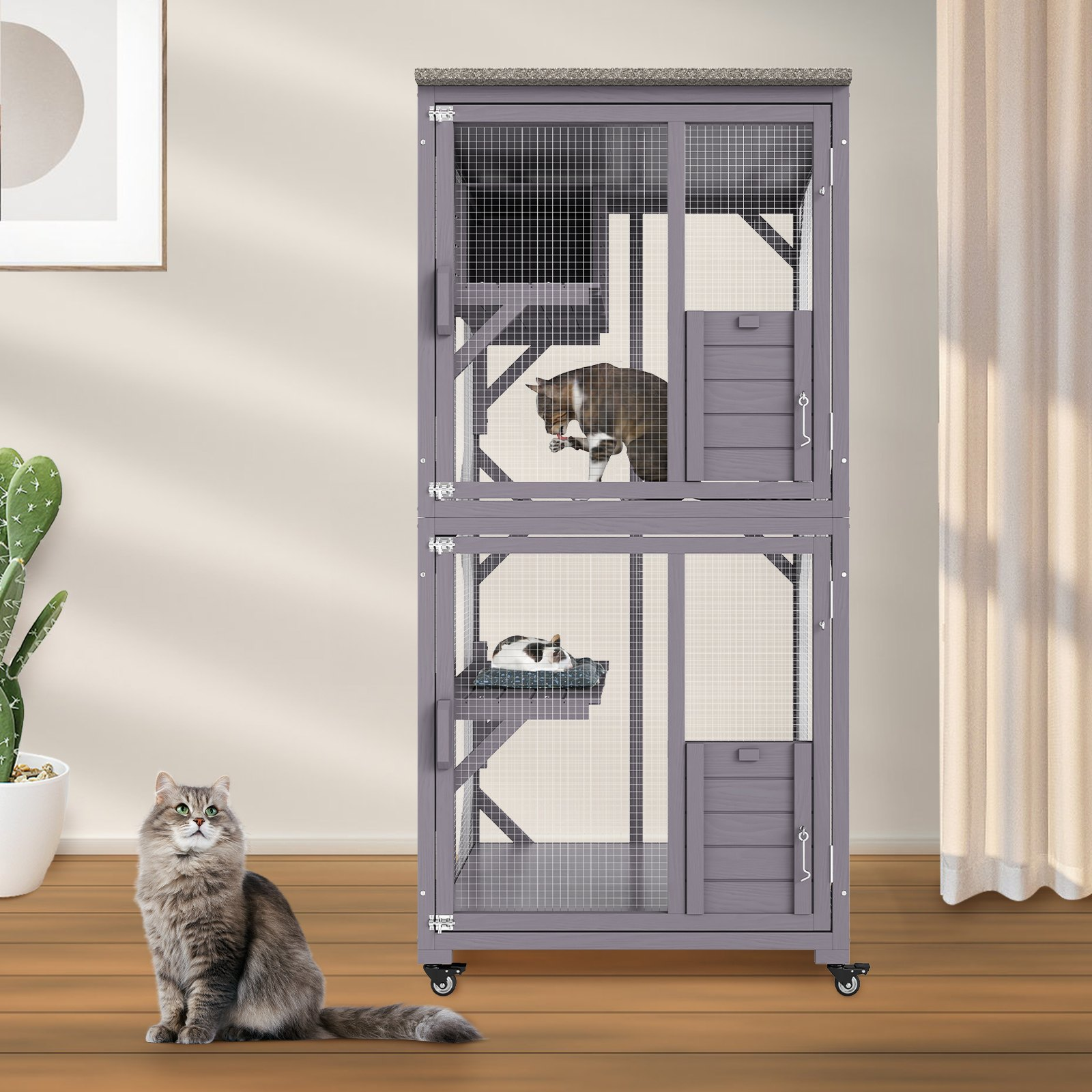 VEVOR Cat House Outdoor, 3-Tier Large Catio, Cat Enclosure with 360° Rotating Casters, 2 Platforms, A Resting Box and Large Front Door, 29.9 x 34 x 64.1 inch