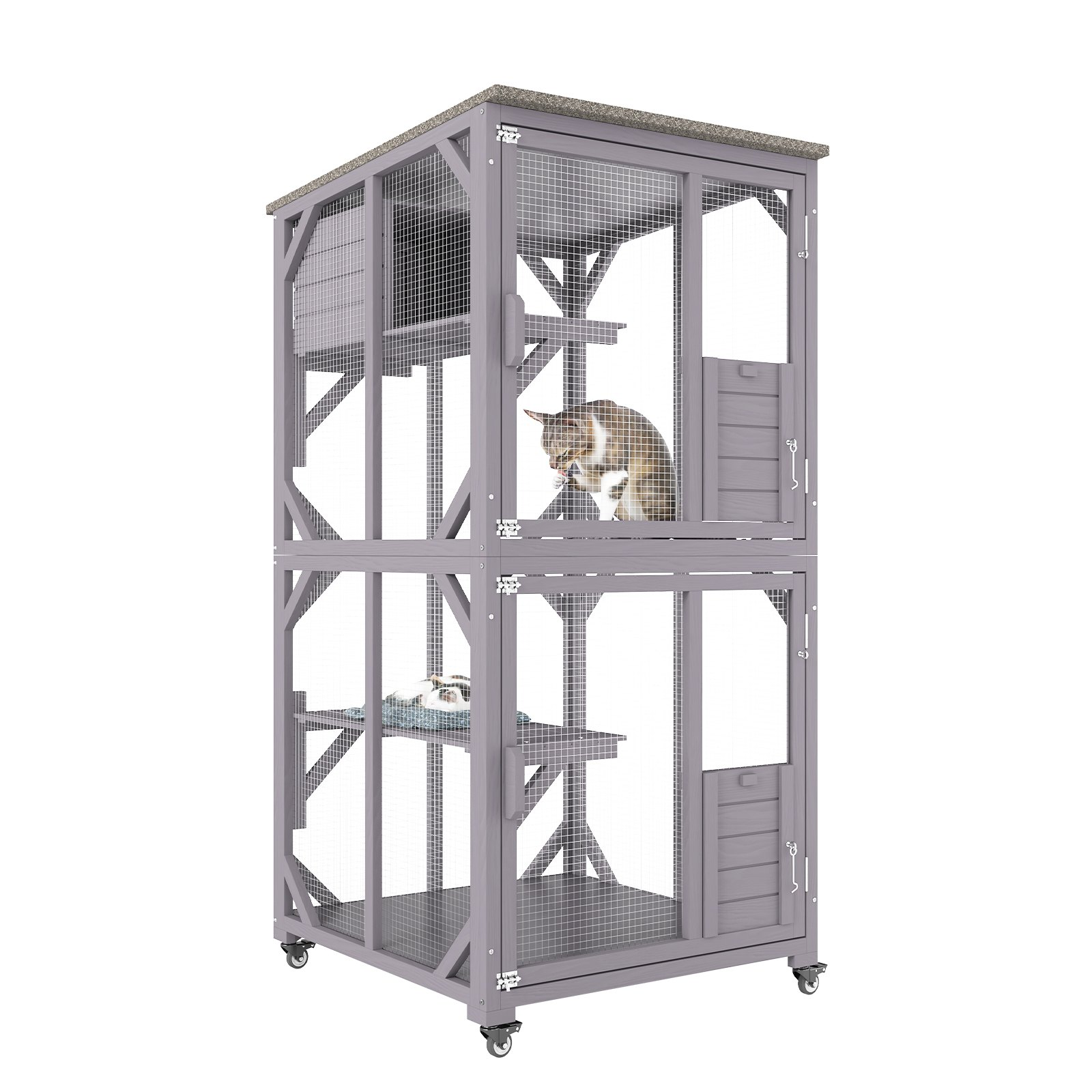 VEVOR Cat House Outdoor, 3-Tier Large Catio, Cat Enclosure with 360° Rotating Casters, 2 Platforms, A Resting Box and Large Front Door, 29.9 x 34 x 64.1 inch