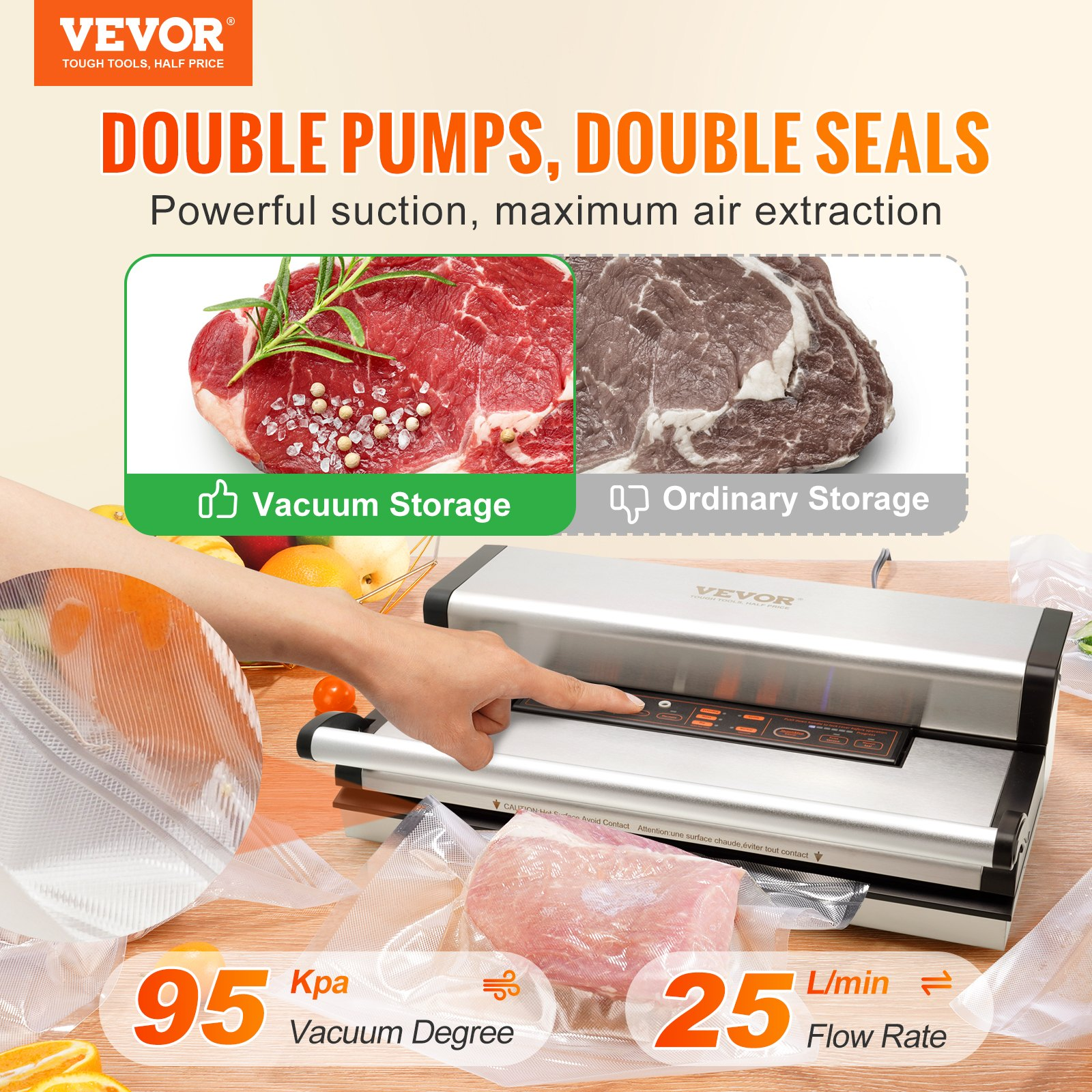 VEVOR Vacuum Sealer Machine, 95Kpa 350W Powerful Dual Pump and Dual Sealing, Dry and Moist Food Storage, Automatic and Manual Air Sealing System with Built-in Cutter, with Seal Bag and External Hose