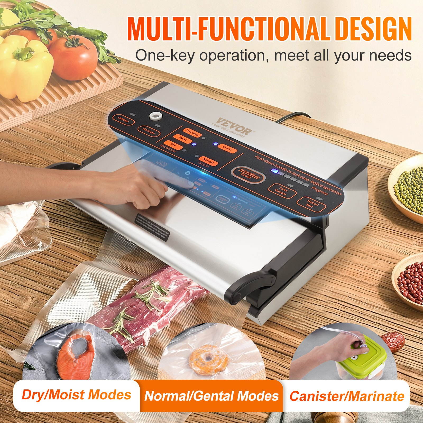 VEVOR Vacuum Sealer Machine, 95Kpa 350W Powerful Dual Pump and Dual Sealing, Dry and Moist Food Storage, Automatic and Manual Air Sealing System with Built-in Cutter, with Seal Bag and External Hose