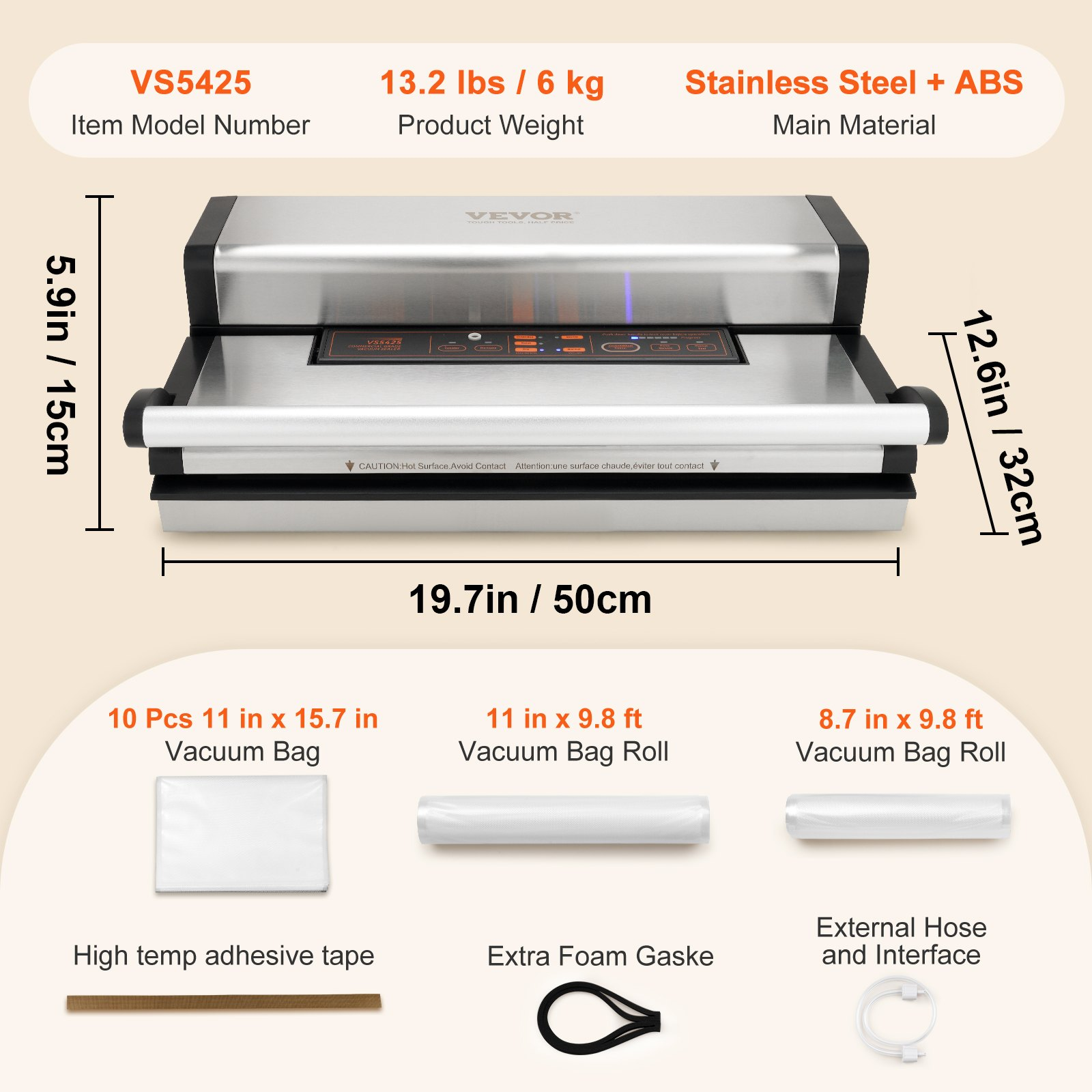 VEVOR Vacuum Sealer Machine, 95Kpa 350W Powerful Dual Pump and Dual Sealing, Dry and Moist Food Storage, Automatic and Manual Air Sealing System with Built-in Cutter, with Seal Bag and External Hose