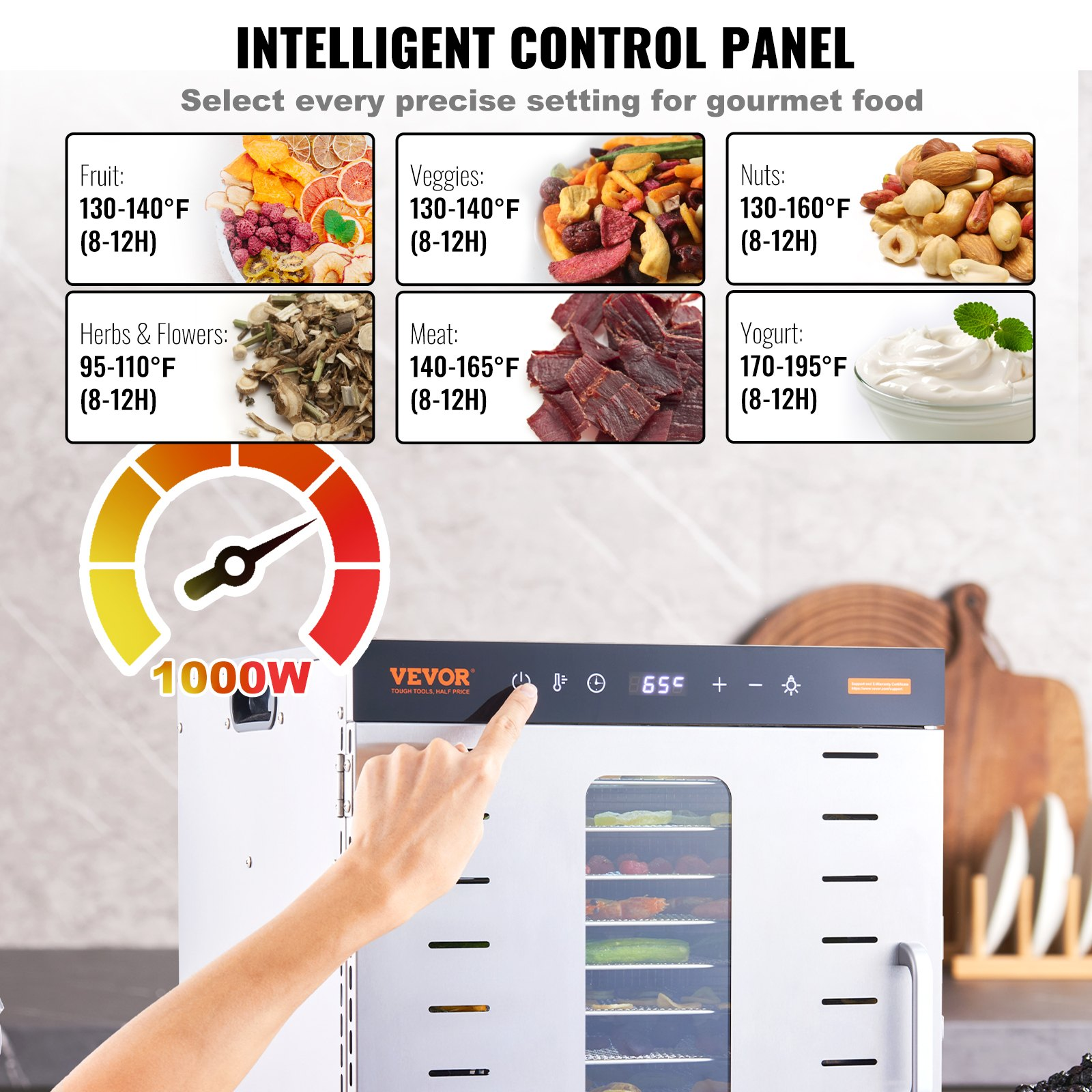 VEVOR Food Dehydrator Machine, 10 Stainless Steel Trays, 1000W Electric Food Dryer with Digital Adjustable Timer & Temperature for Jerky, Herb, Meat, Beef, Fruit, Dog Treats and Vegetables