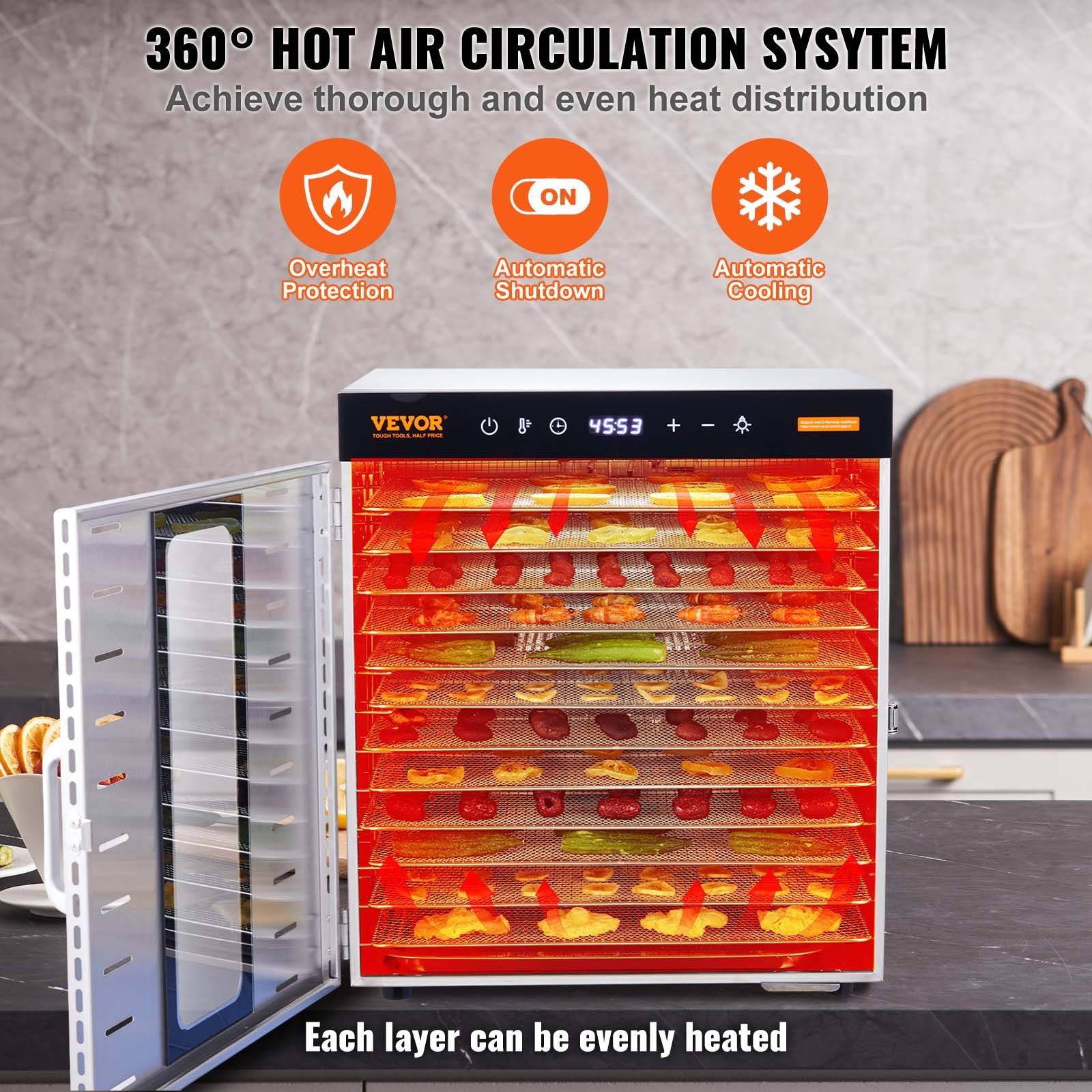 VEVOR Food Dehydrator Machine, 10 Stainless Steel Trays, 1000W Electric Food Dryer with Digital Adjustable Timer & Temperature for Jerky, Herb, Meat, Beef, Fruit, Dog Treats and Vegetables