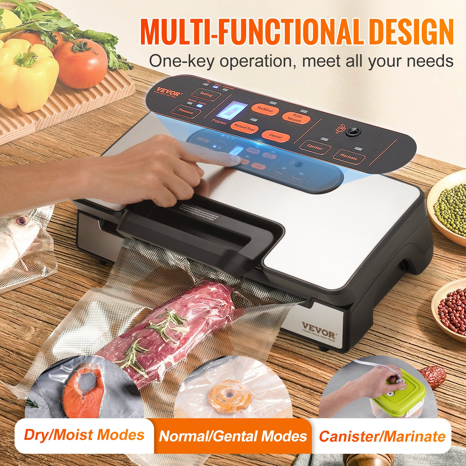 VEVOR Vacuum Sealer Machine, 90Kpa 130W Powerful Dual Pump and Dual Sealing, Dry and Moist Food Storage, Automatic and Manual Air Sealing System with Built-in Cutter, with Seal Bag and External Hose