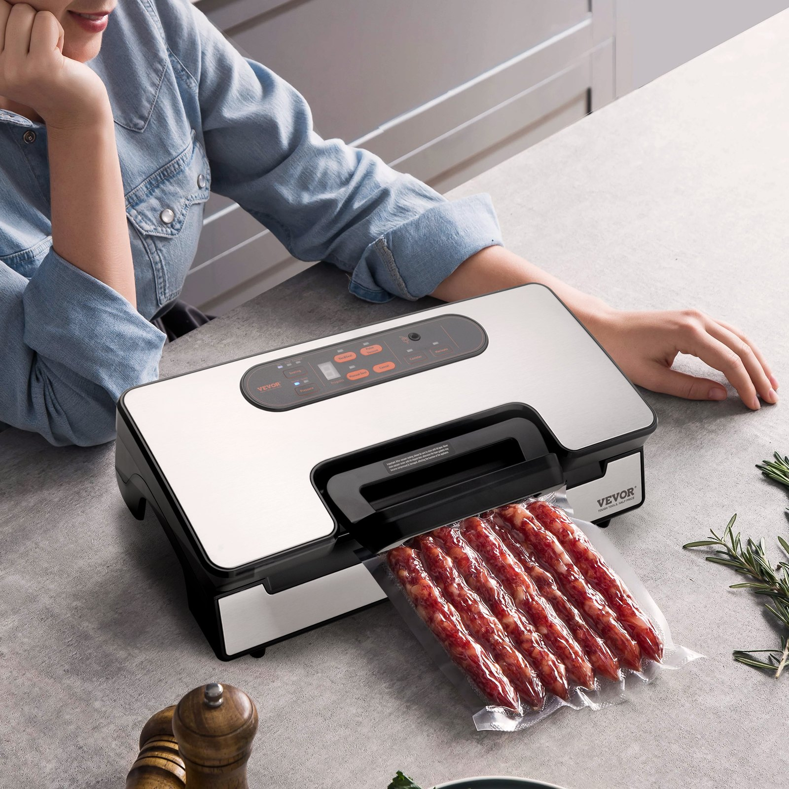 VEVOR Vacuum Sealer Machine, 90Kpa 130W Powerful Dual Pump and Dual Sealing, Dry and Moist Food Storage, Automatic and Manual Air Sealing System with Built-in Cutter, with Seal Bag and External Hose