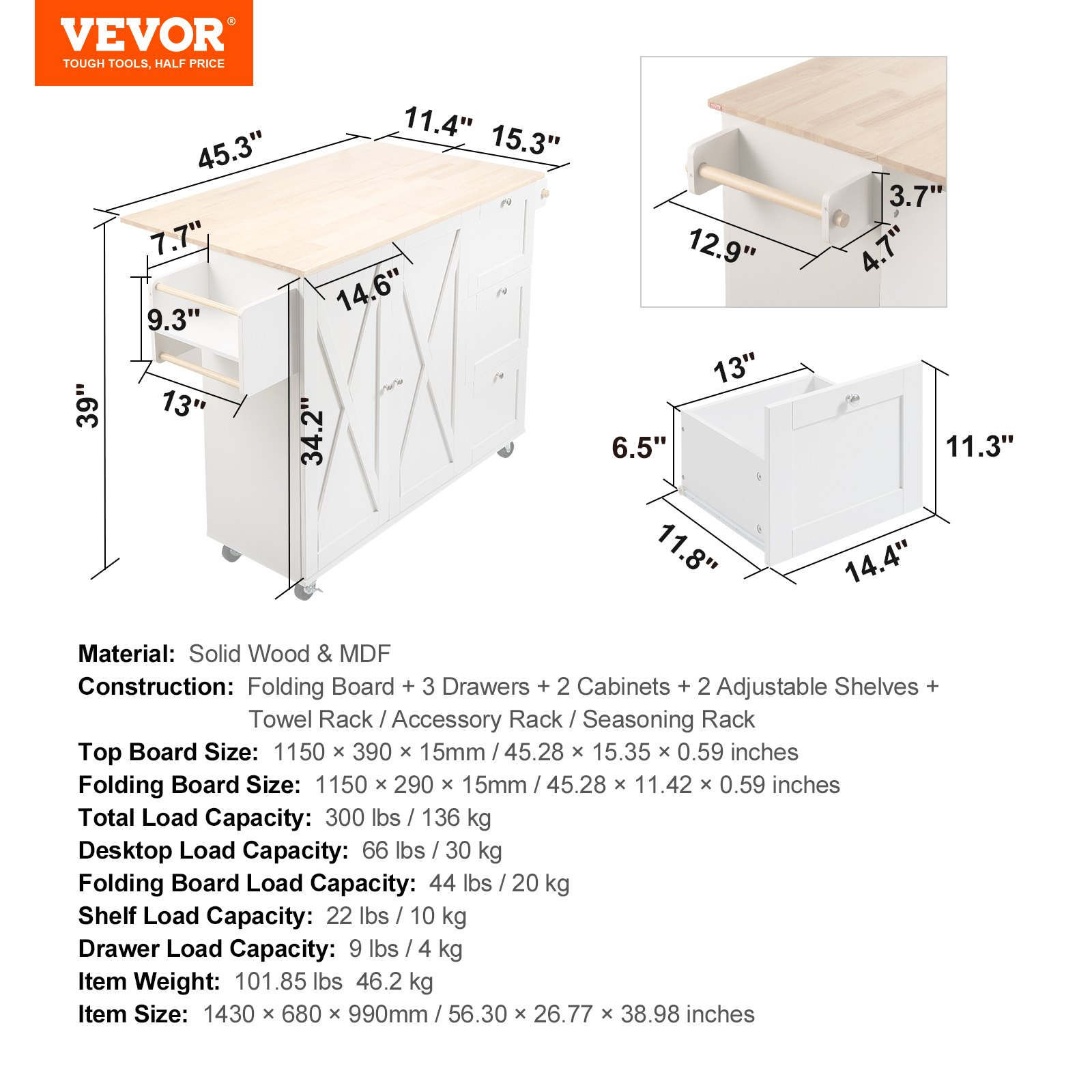 VEVOR Kitchen Island Cart with Solid Wood Top, 45.3" Width Mobile Carts with Storage Cabinet, Rolling Kitchen Table with Spice Rack, Towel Rack, Drop Leaf and Drawer, Portable Islands on Wheels, White