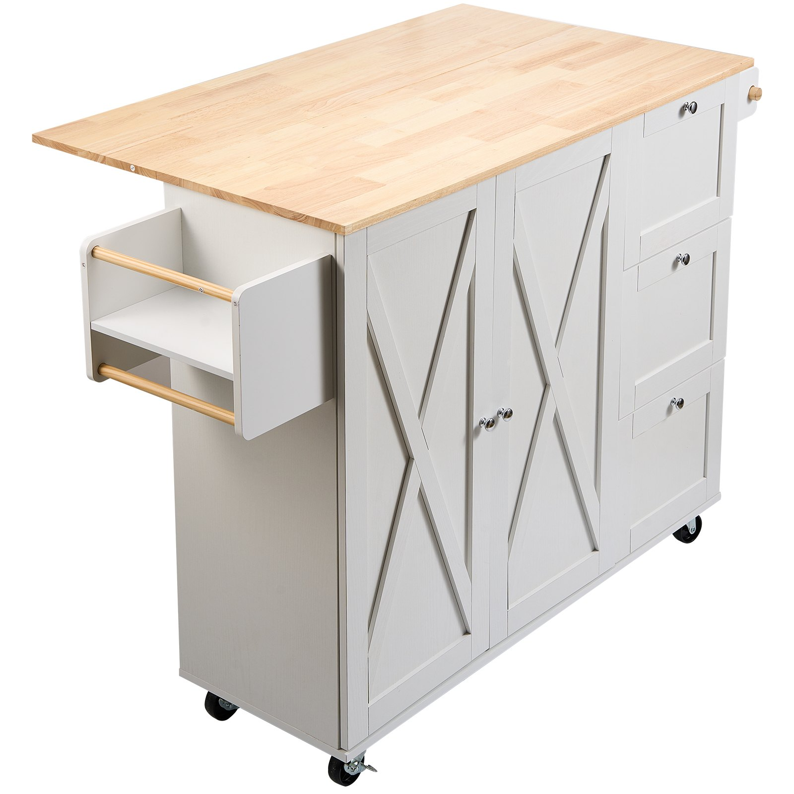 VEVOR Kitchen Island Cart with Solid Wood Top, 45.3" Width Mobile Carts with Storage Cabinet, Rolling Kitchen Table with Spice Rack, Towel Rack, Drop Leaf and Drawer, Portable Islands on Wheels, White