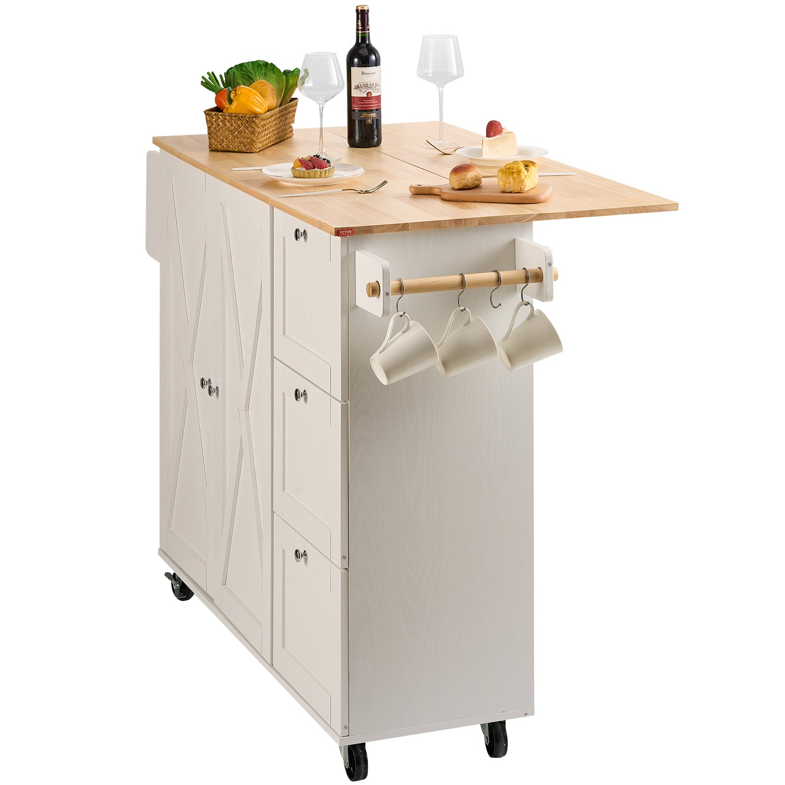 VEVOR Kitchen Island Cart with Solid Wood Top, 45.3" Width Mobile Carts with Storage Cabinet, Rolling Kitchen Table with Spice Rack, Towel Rack, Drop Leaf and Drawer, Portable Islands on Wheels, White