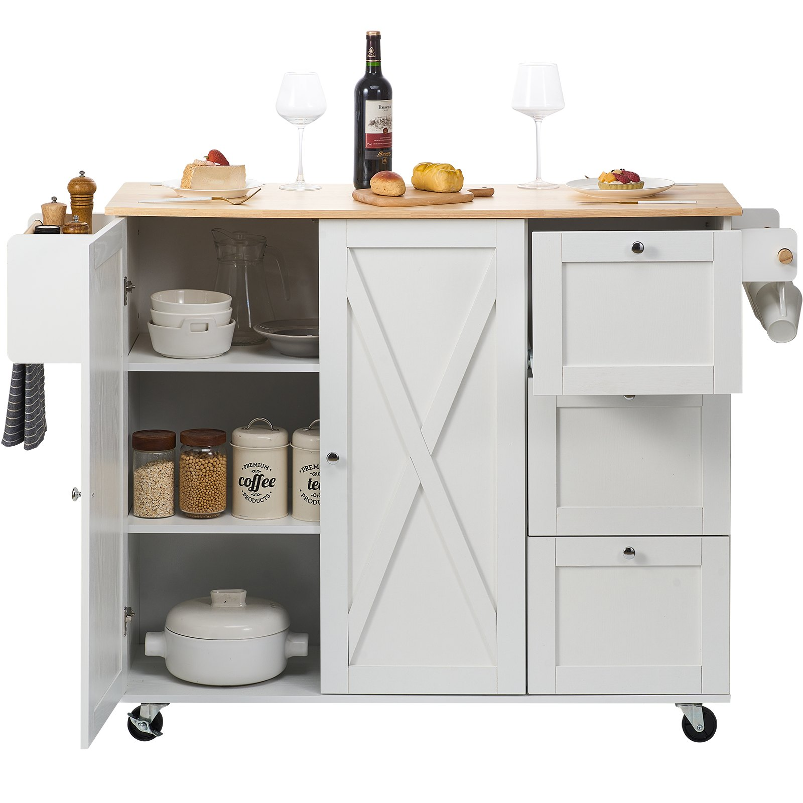 VEVOR Kitchen Island Cart with Solid Wood Top, 45.3" Width Mobile Carts with Storage Cabinet, Rolling Kitchen Table with Spice Rack, Towel Rack, Drop Leaf and Drawer, Portable Islands on Wheels, White