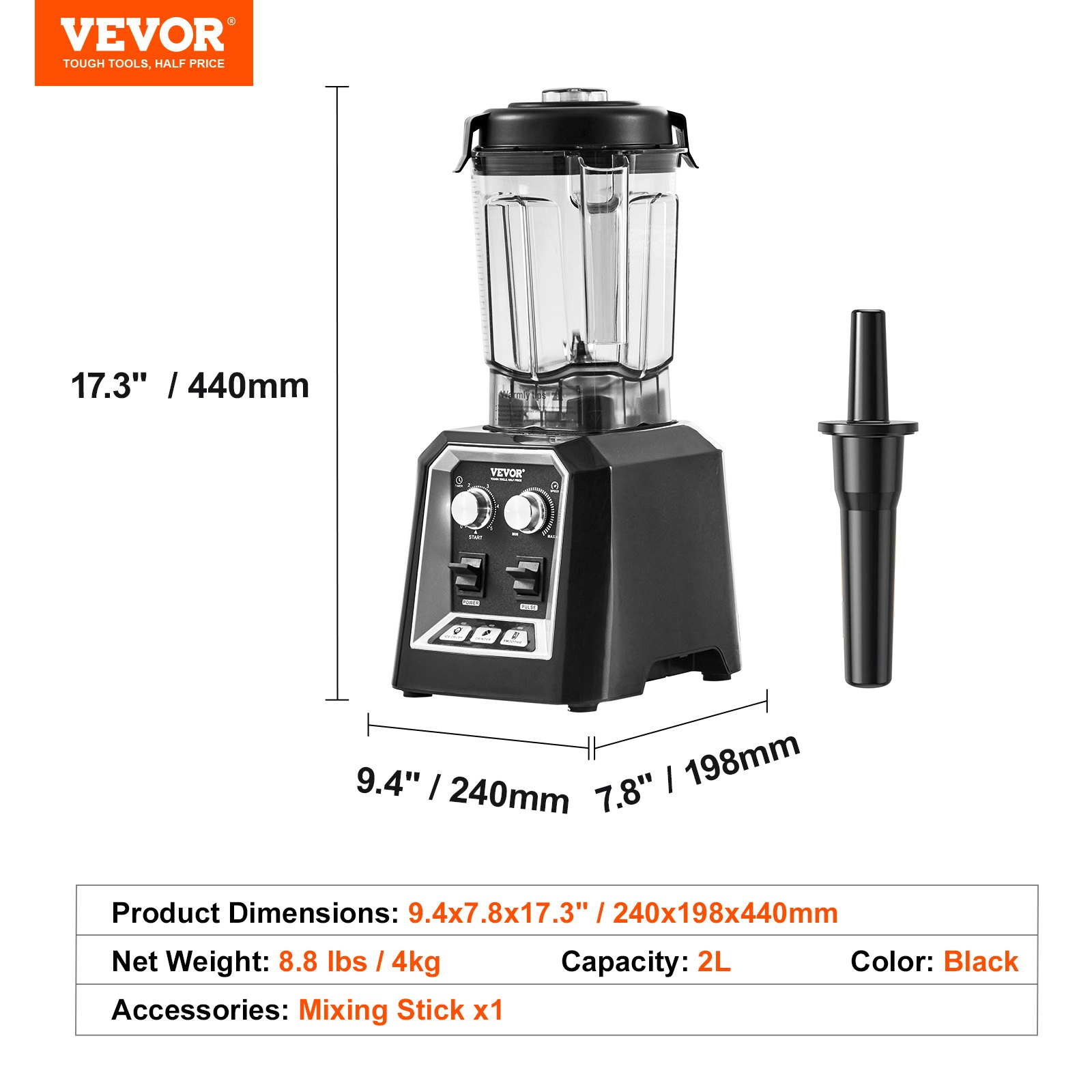 VEVOR Professional Blender, Commercial Countertop Blenders, 68 oz Jar Blender Combo, Stainless Steel 3 Functions Blender, for Frozen Drinks, Shakes, Smoothies, Peree, and Crush Ice, Black