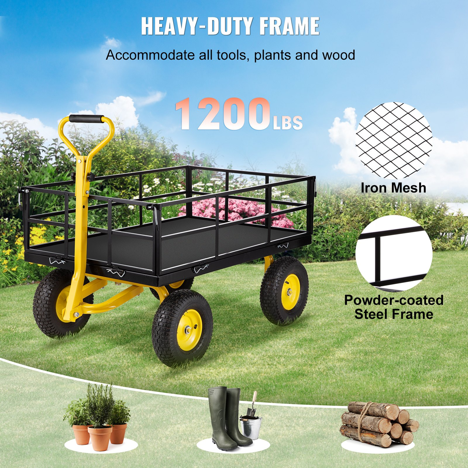 VEVOR Steel Garden Cart, Heavy Duty 1200 lbs Capacity, with Removable Mesh Sides to Convert into Flatbed, Utility Metal Wagon with 2-in-1 Handle and 13 in Tires, Perfect for Garden, Farm, Yard