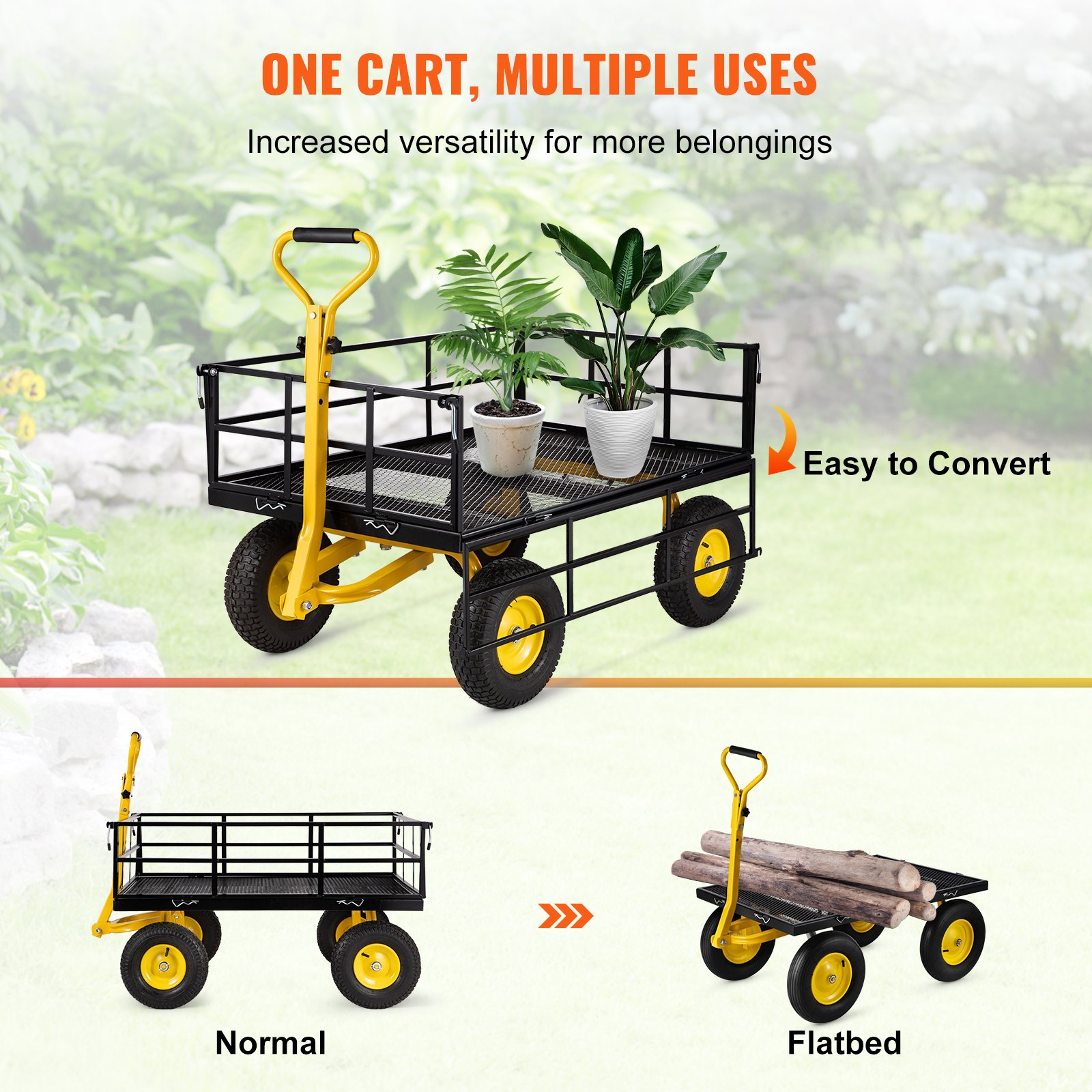 VEVOR Steel Garden Cart, Heavy Duty 1200 lbs Capacity, with Removable Mesh Sides to Convert into Flatbed, Utility Metal Wagon with 2-in-1 Handle and 13 in Tires, Perfect for Garden, Farm, Yard