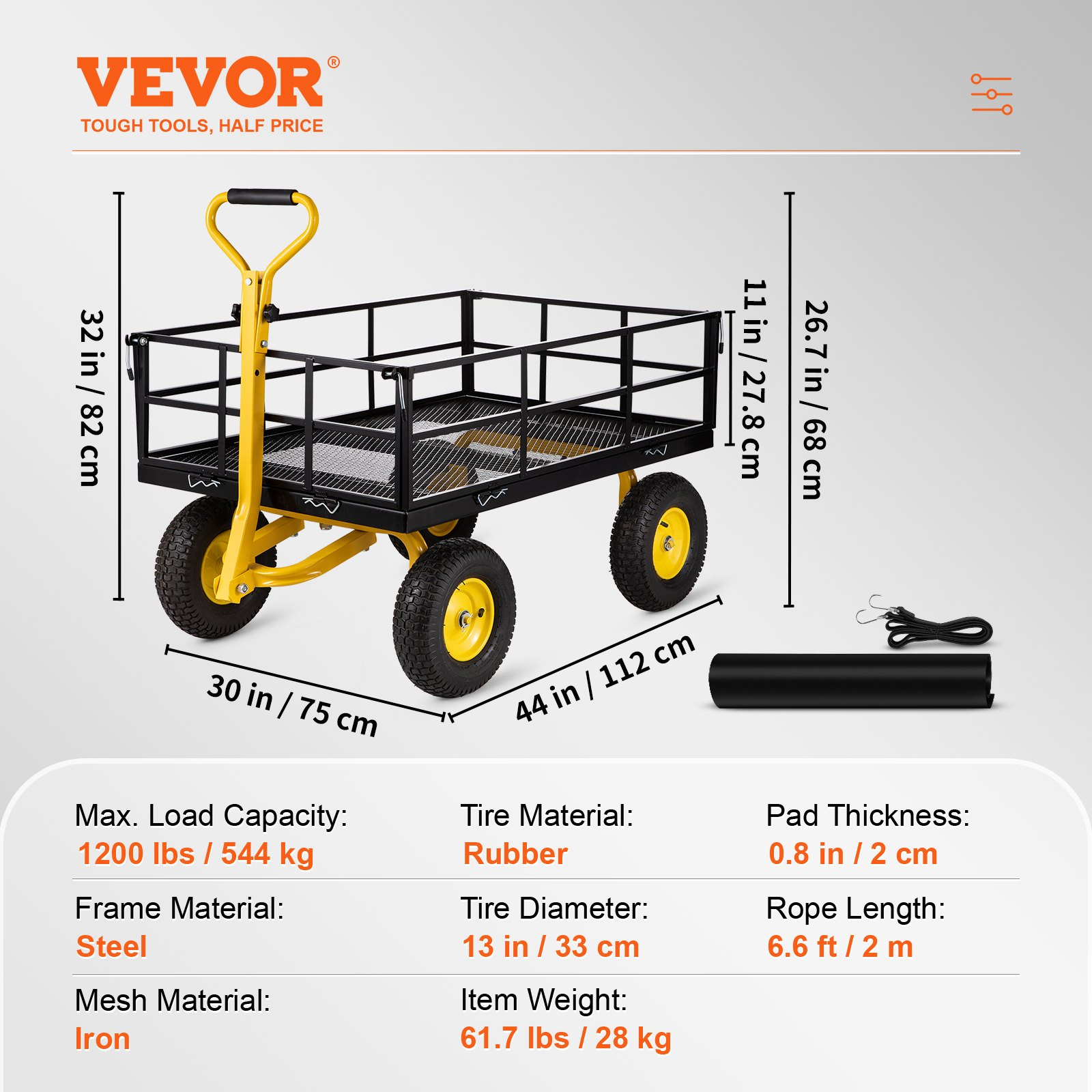 VEVOR Steel Garden Cart, Heavy Duty 1200 lbs Capacity, with Removable Mesh Sides to Convert into Flatbed, Utility Metal Wagon with 2-in-1 Handle and 13 in Tires, Perfect for Garden, Farm, Yard