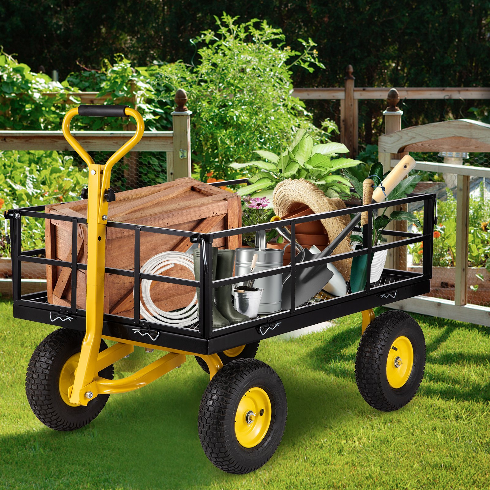 VEVOR Steel Garden Cart, Heavy Duty 1200 lbs Capacity, with Removable Mesh Sides to Convert into Flatbed, Utility Metal Wagon with 2-in-1 Handle and 13 in Tires, Perfect for Garden, Farm, Yard