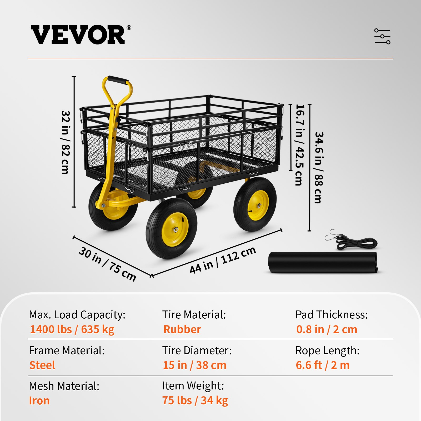 VEVOR Steel Garden Cart, Heavy Duty 1400 lbs Capacity, with Removable Mesh Sides to Convert into Flatbed, Utility Metal Wagon with 2-in-1 Handle and 15 in Tires, Perfect for Garden, Farm, Yard