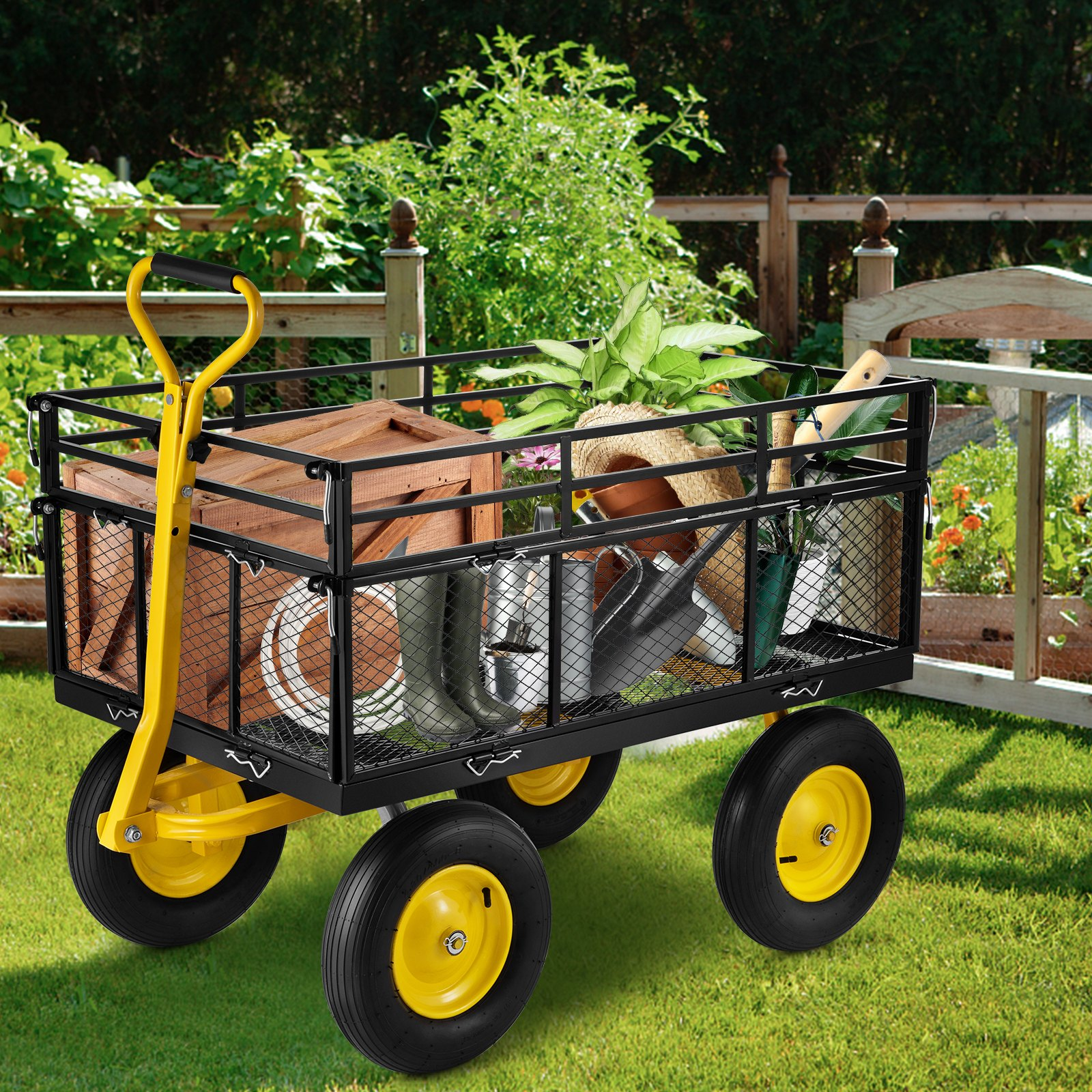 VEVOR Steel Garden Cart, Heavy Duty 1400 lbs Capacity, with Removable Mesh Sides to Convert into Flatbed, Utility Metal Wagon with 2-in-1 Handle and 15 in Tires, Perfect for Garden, Farm, Yard