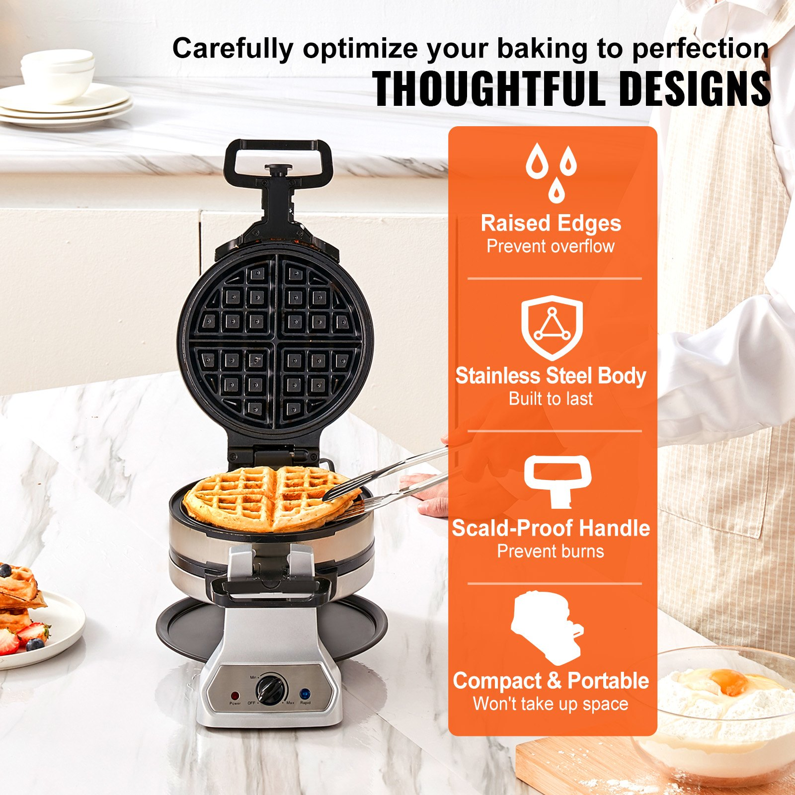 VEVOR 2-Layer Waffle Maker, 2 Pieces per Batch, 1400W Round Waffle Iron, Non-Stick Waffle Baker Machine with 122-572℉ / 50-300℃ Temp Range Teflon-Coated Baking Pans Stainless Steel Body, 120V