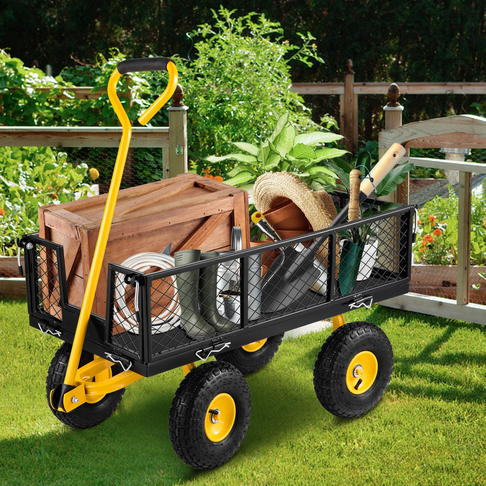 VEVOR Steel Garden Cart, Heavy Duty 900 lbs Capacity, with Removable Mesh Sides to Convert into Flatbed, Utility Metal Wagon with 180° Rotating Handle and 10 in Tires, Perfect for Garden, Farm, Yard