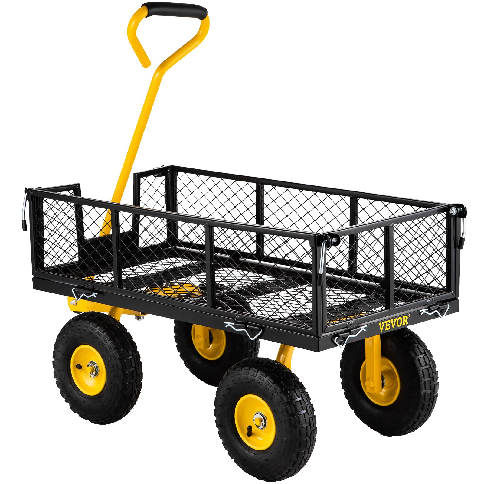 VEVOR Steel Garden Cart, Heavy Duty 900 lbs Capacity, with Removable Mesh Sides to Convert into Flatbed, Utility Metal Wagon with 180° Rotating Handle and 10 in Tires, Perfect for Garden, Farm, Yard