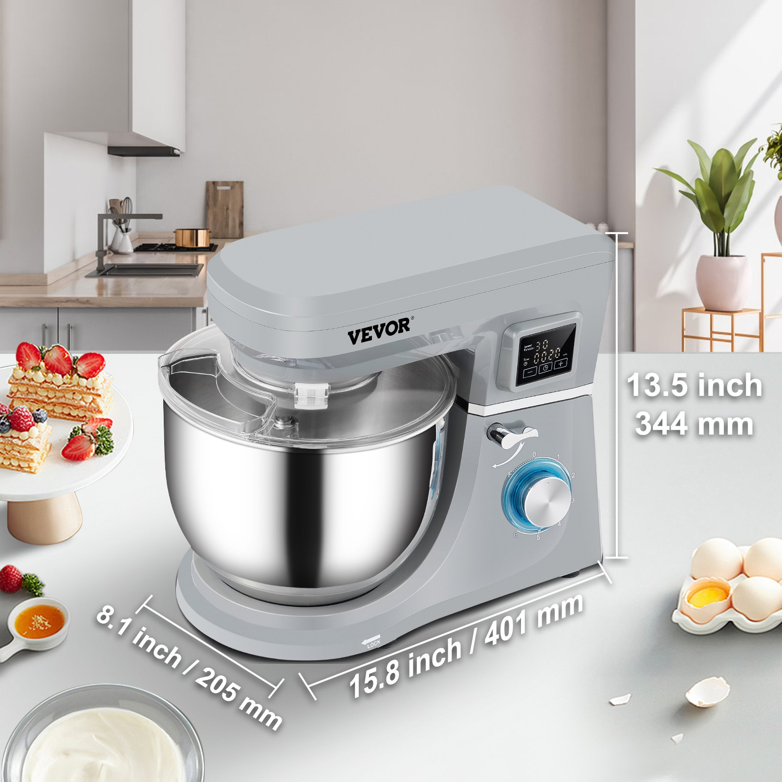 VEVOR Stand Mixer, 660W Electric Dough Mixer with 6 Speeds LCD Screen Timing, Tilt-Head Food Mixer with 7.4 Qt Stainless Steel Bowl, Dough Hook, Flat Beater, Whisk, Scraper, Splash-Proof Cover - Gray