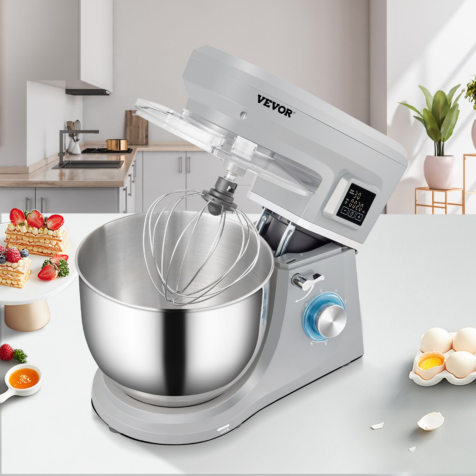 VEVOR Stand Mixer, 660W Electric Dough Mixer with 6 Speeds LCD Screen Timing, Tilt-Head Food Mixer with 7.4 Qt Stainless Steel Bowl, Dough Hook, Flat Beater, Whisk, Scraper, Splash-Proof Cover - Gray