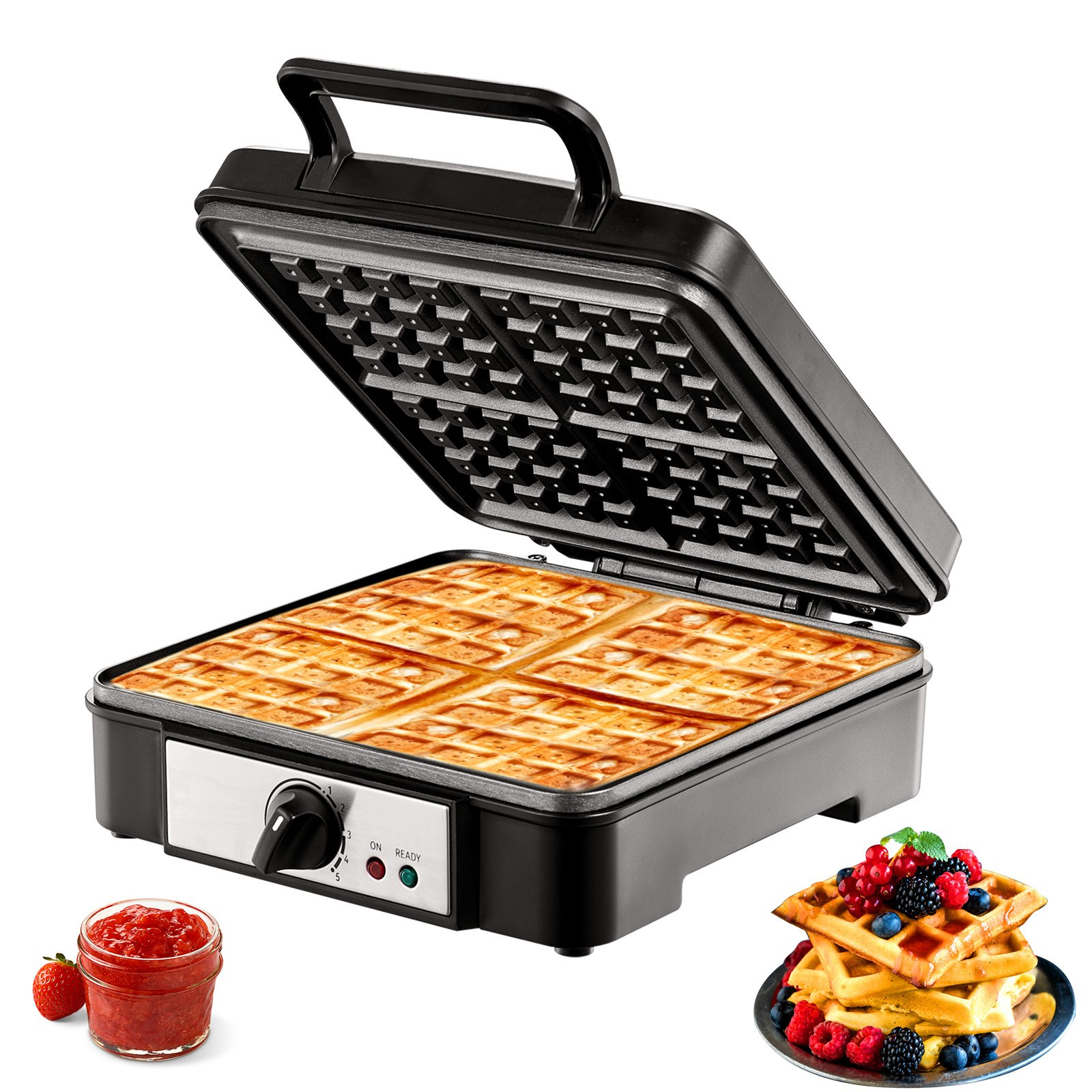 VEVOR Waffle Maker, 4 Slices per Batch, 1200W Square Waffle Iron, Non-Stick Waffle Baker Machine with 122-572℉ / 50-300℃ Temperature Range Teflon-Coated Baking Pans Stainless Steel Body, 120V