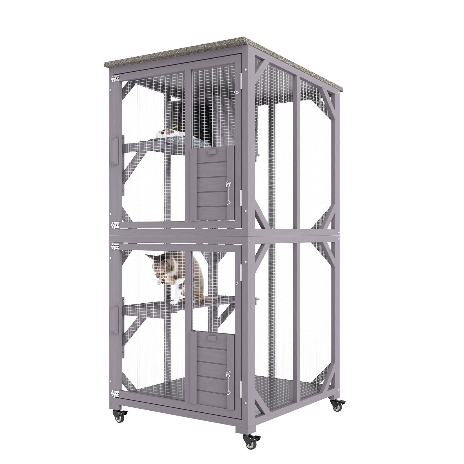 VEVOR Cat House Outdoor, 3-Tier Large Catio, Cat Enclosure with 360° Rotating Casters, 2 Platforms, A Resting Box and Large Front Door, 29.9 x 34 x 64.1 inch