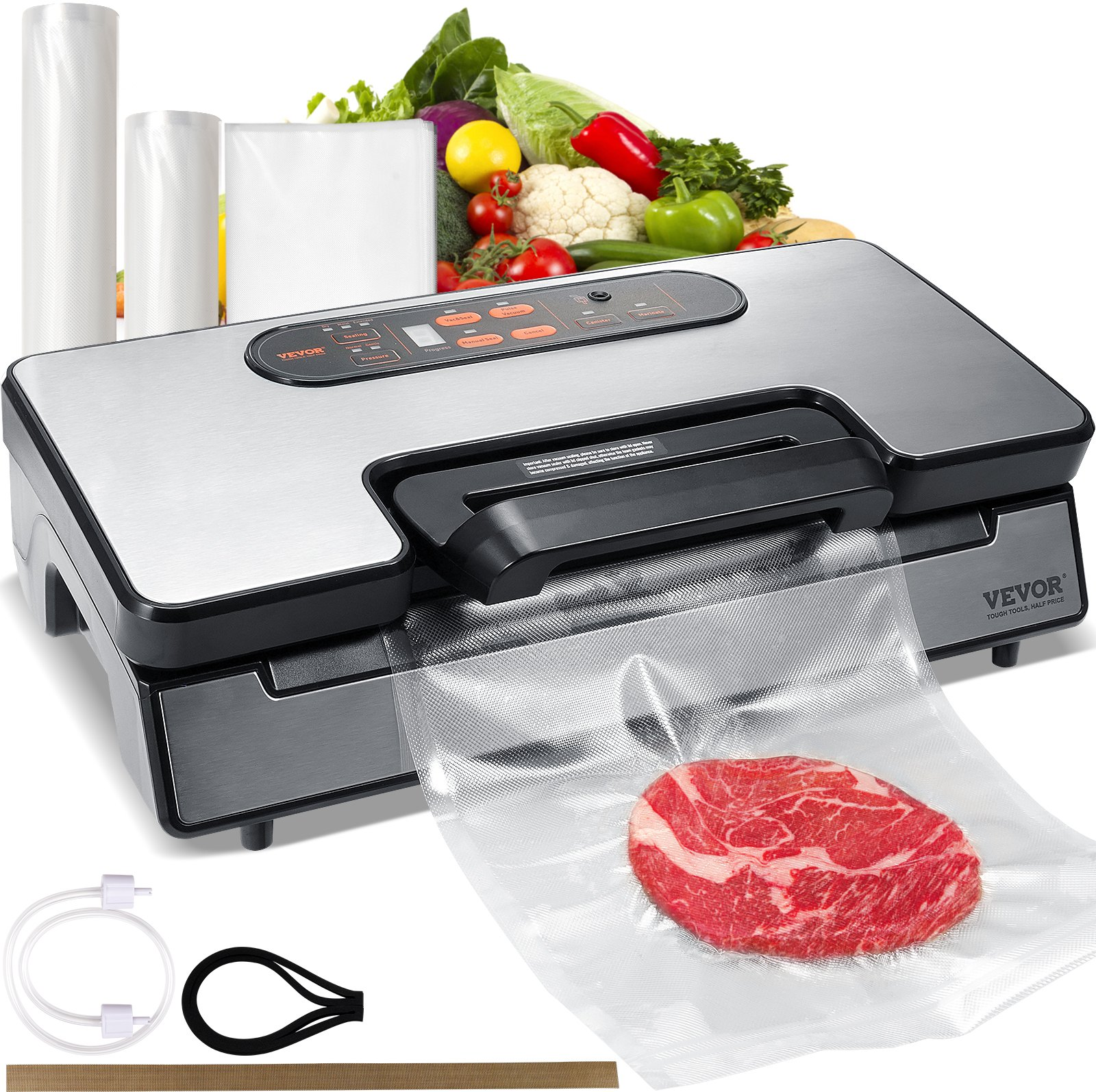 VEVOR Vacuum Sealer Machine, 90Kpa 130W Powerful Dual Pump and Dual Sealing, Dry and Moist Food Storage, Automatic and Manual Air Sealing System with Built-in Cutter, with Seal Bag and External Hose