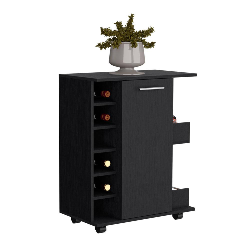 Bar Cart with 6-Built in Bottle Racks, Casters and 2-Open Side Shelves, Black