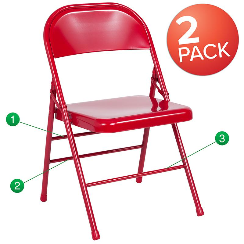 2 Pack HERCULES Series Triple Braced & Double Hinged Red Metal Folding Chair