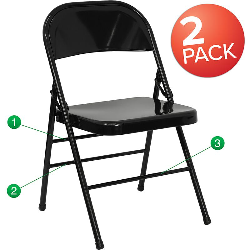 2 Pack HERCULES Series Triple Braced & Double Hinged Black Metal Folding Chair