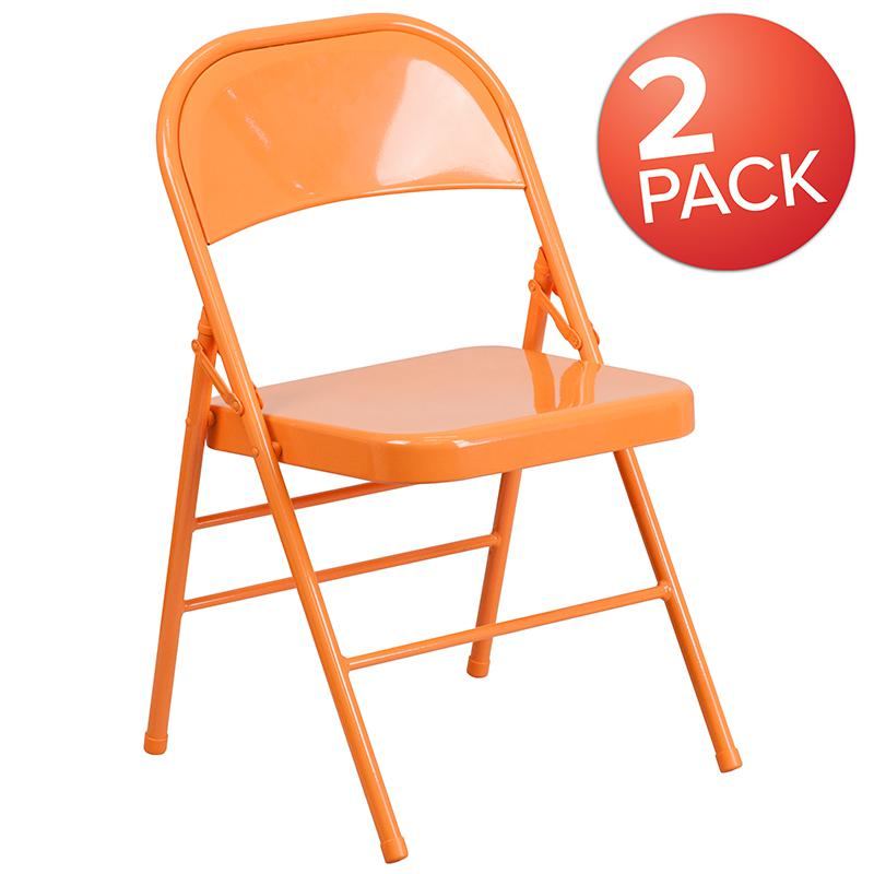 2 Pack HERCULES COLORBURST Series Orange Marmalade Triple Braced & Double Hinged Metal Folding Chair