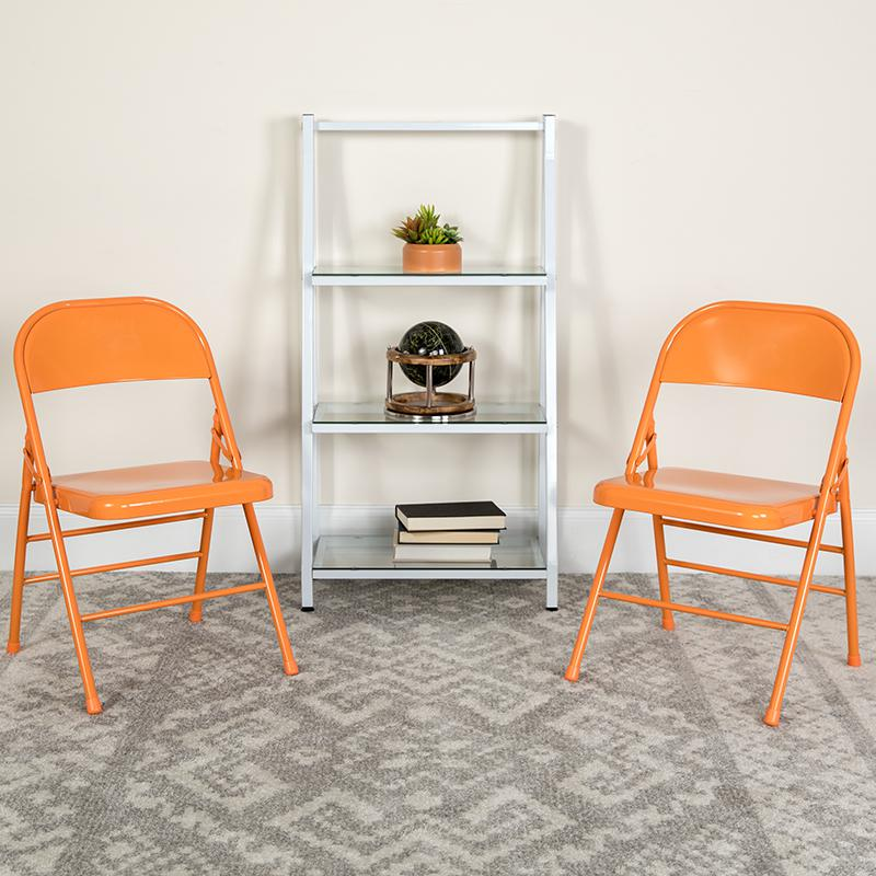 2 Pack HERCULES COLORBURST Series Orange Marmalade Triple Braced & Double Hinged Metal Folding Chair