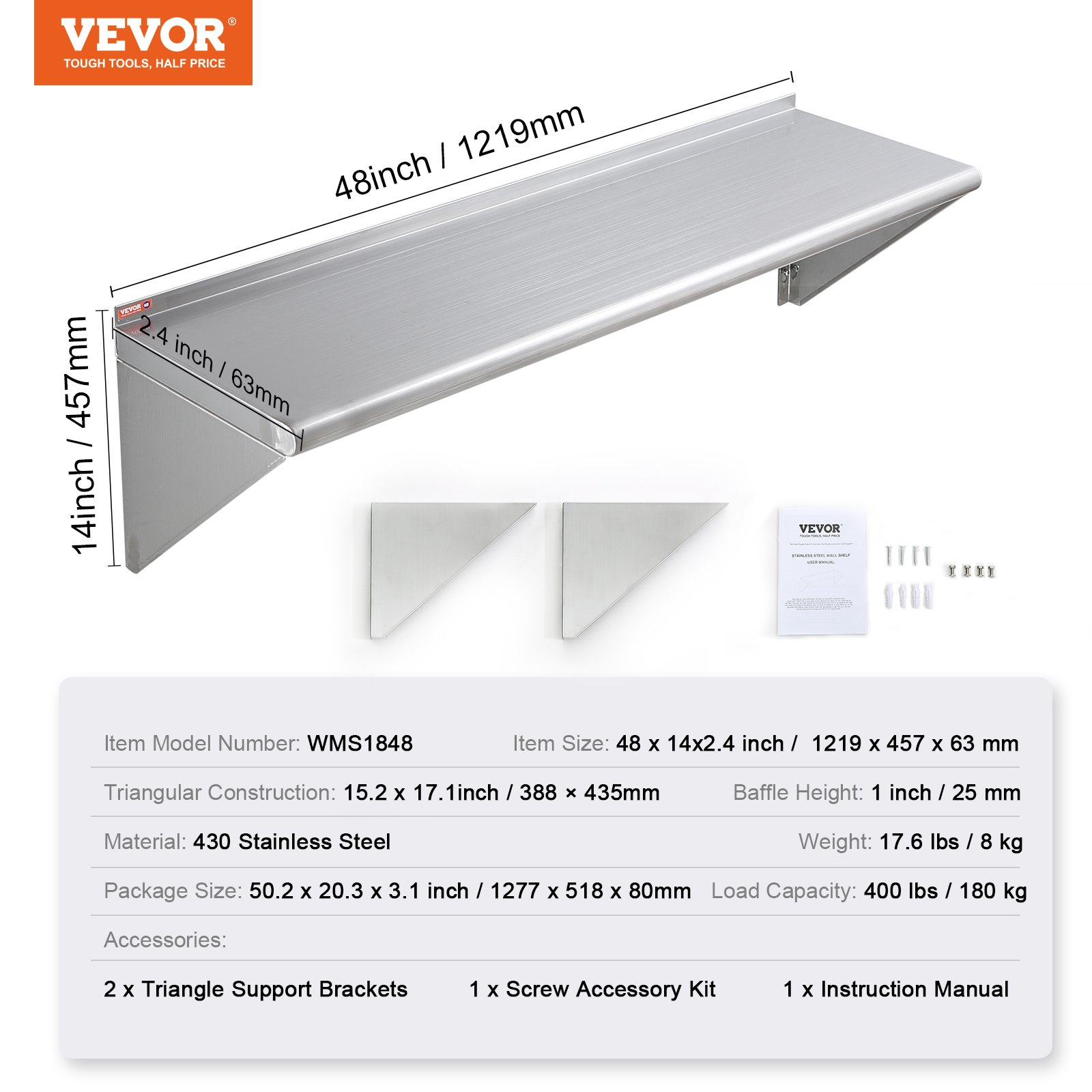 VEVOR 18" x 48" Stainless Steel Shelf, Wall Mounted Floating Shelving with Brackets, 400 lbs Load Capacity Commercial Shelves, Heavy Duty Storage Rack for Restaurant, Kitchen, Bar, Home, and Hotel